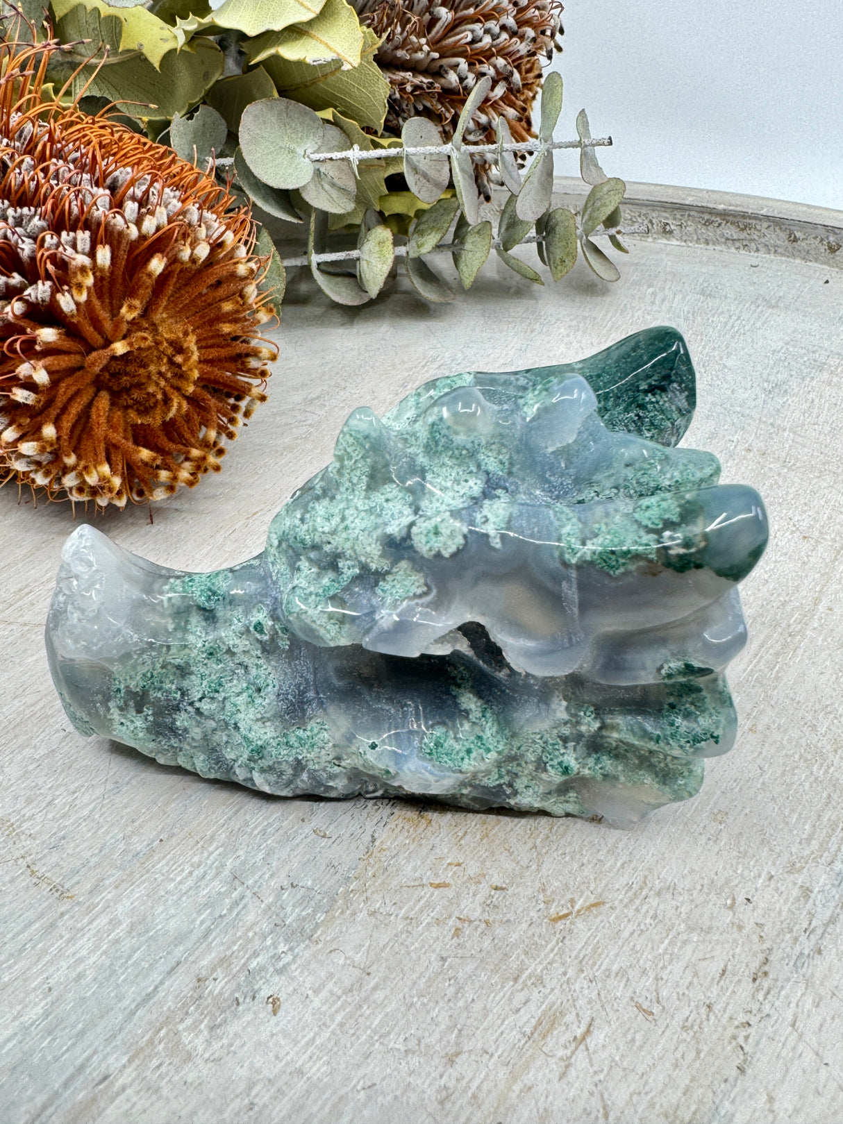 Moss Agate Dragon Head Carving 220g (8.5x5cm) – Stone of Protection, Growth & Ancient Wisdom