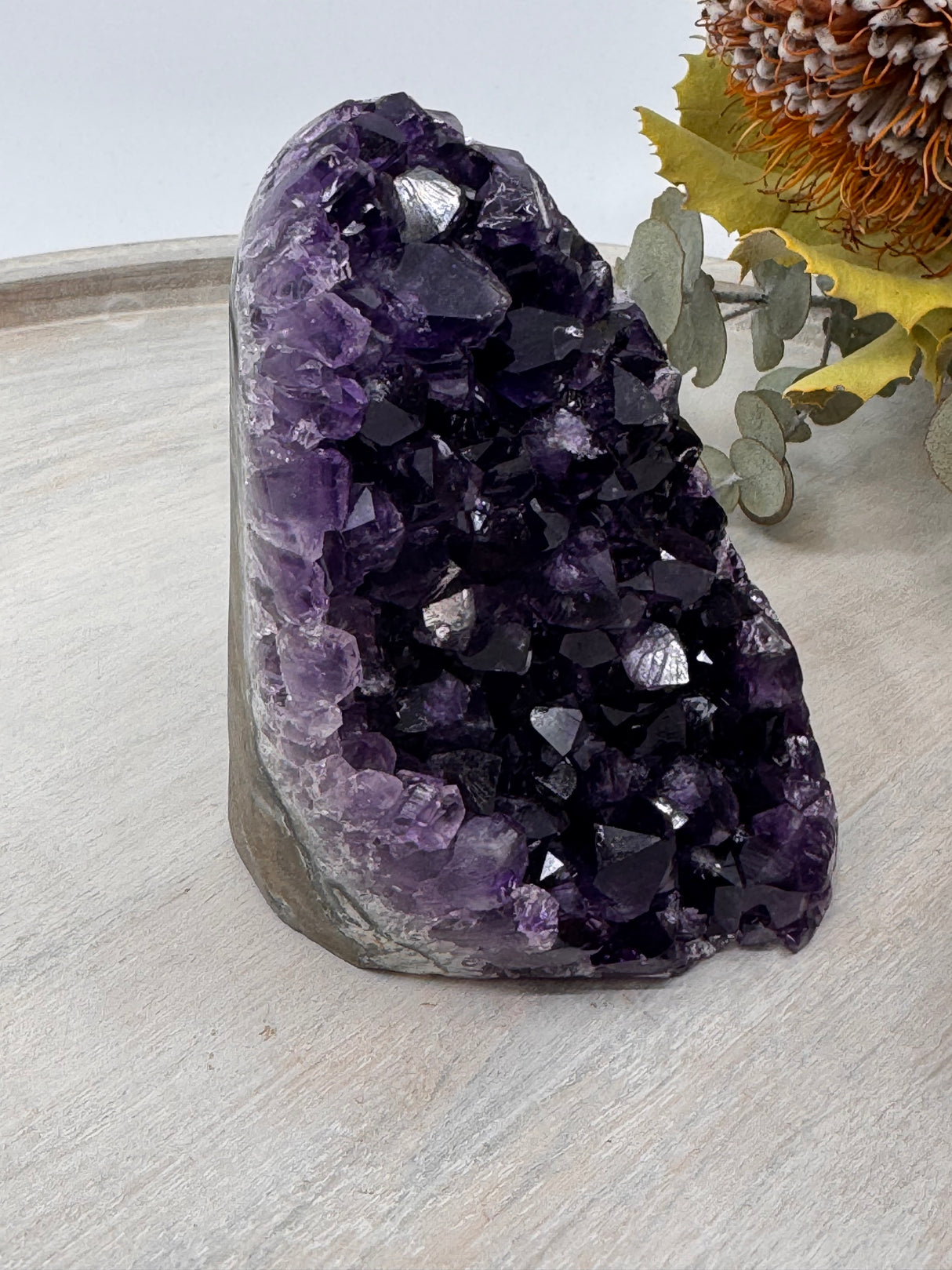 Amethyst cluster with sparkling purple crystal points for healing and meditation.