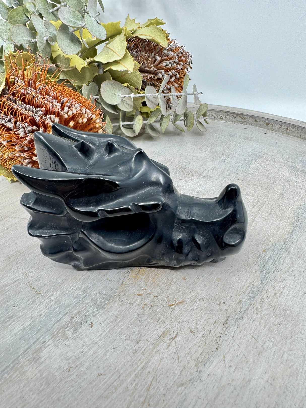 Black Obsidian dragon head carving 303g 10.5x5cm – glossy black crystal for protection, power and transformation – Inspired By 3