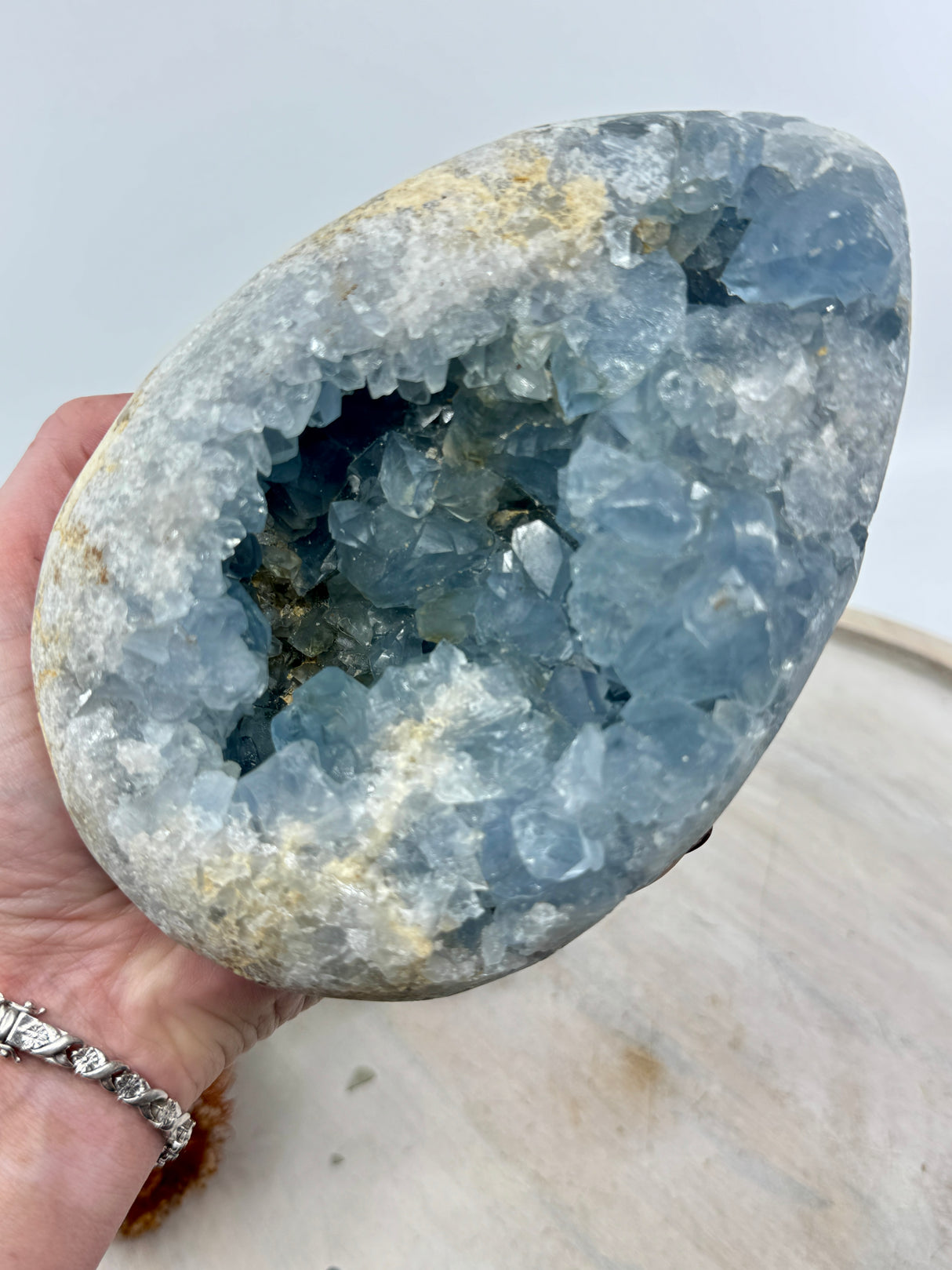 Celestite egg 2.4kg 18cm – sky-blue crystal symbol of angelic peace, calm and divine connection – Inspired By 3 Crystals Australia.