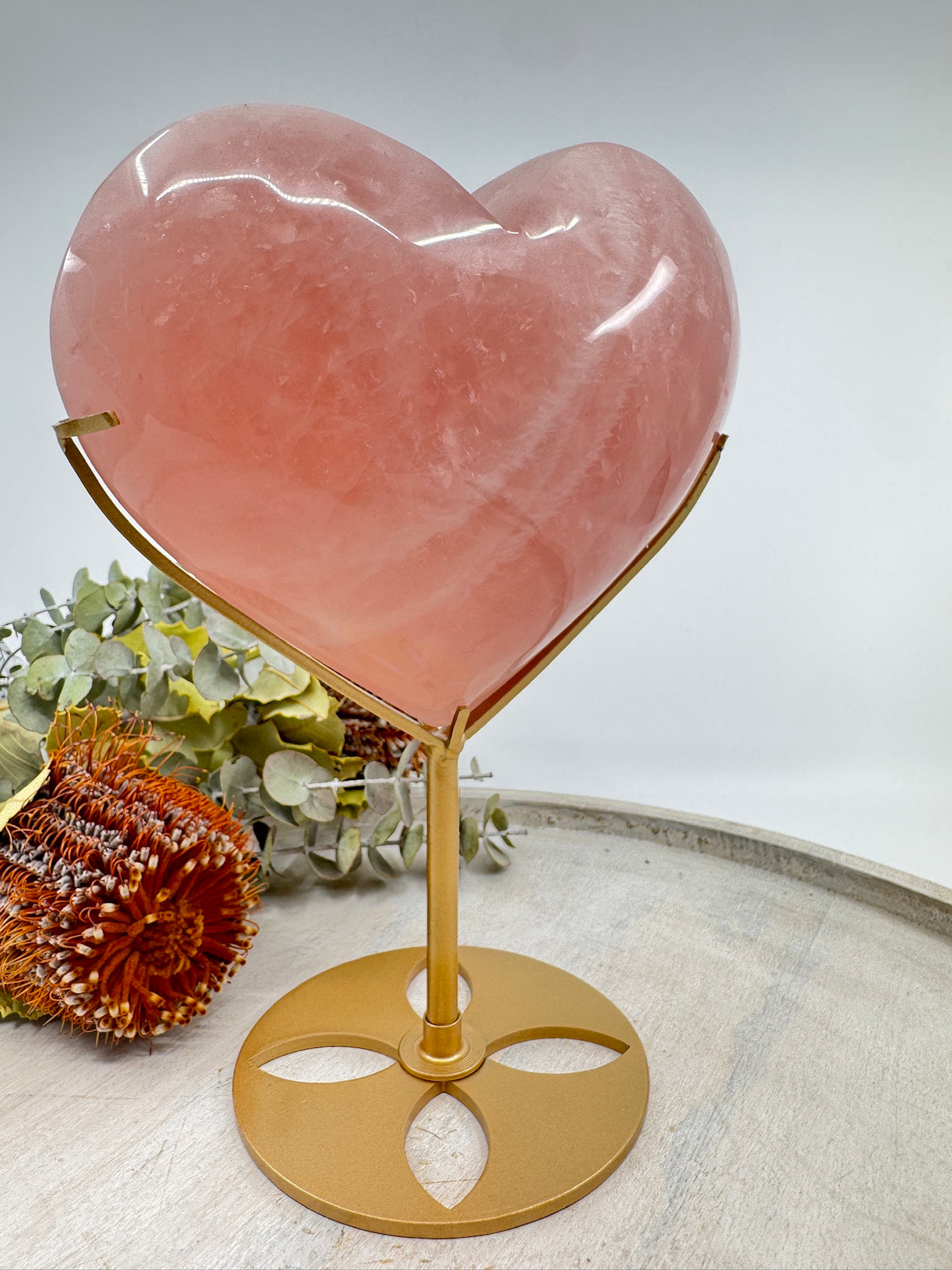 Large Rose Quartz Heart on Gold Stand 1.536kg (16x13cm) – Stone of Love, Healing & Compassion