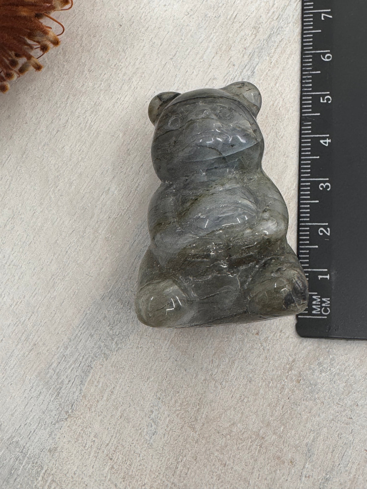 Labradorite Teddy Bear Carving 5 cm × 3 cm – iridescent blue-green crystal bear symbolising magic, transformation and protection, Inspired By 3 Australia.