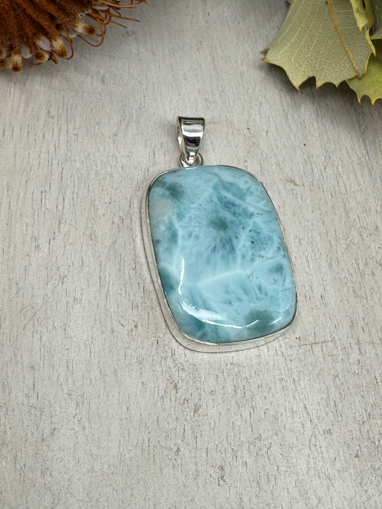 Larimar pendant #8 13.86g 4.7x2.7cm set in .925 silver – blue crystal necklace with chain, gift box and card – Inspired By 3 Crystals Australia.