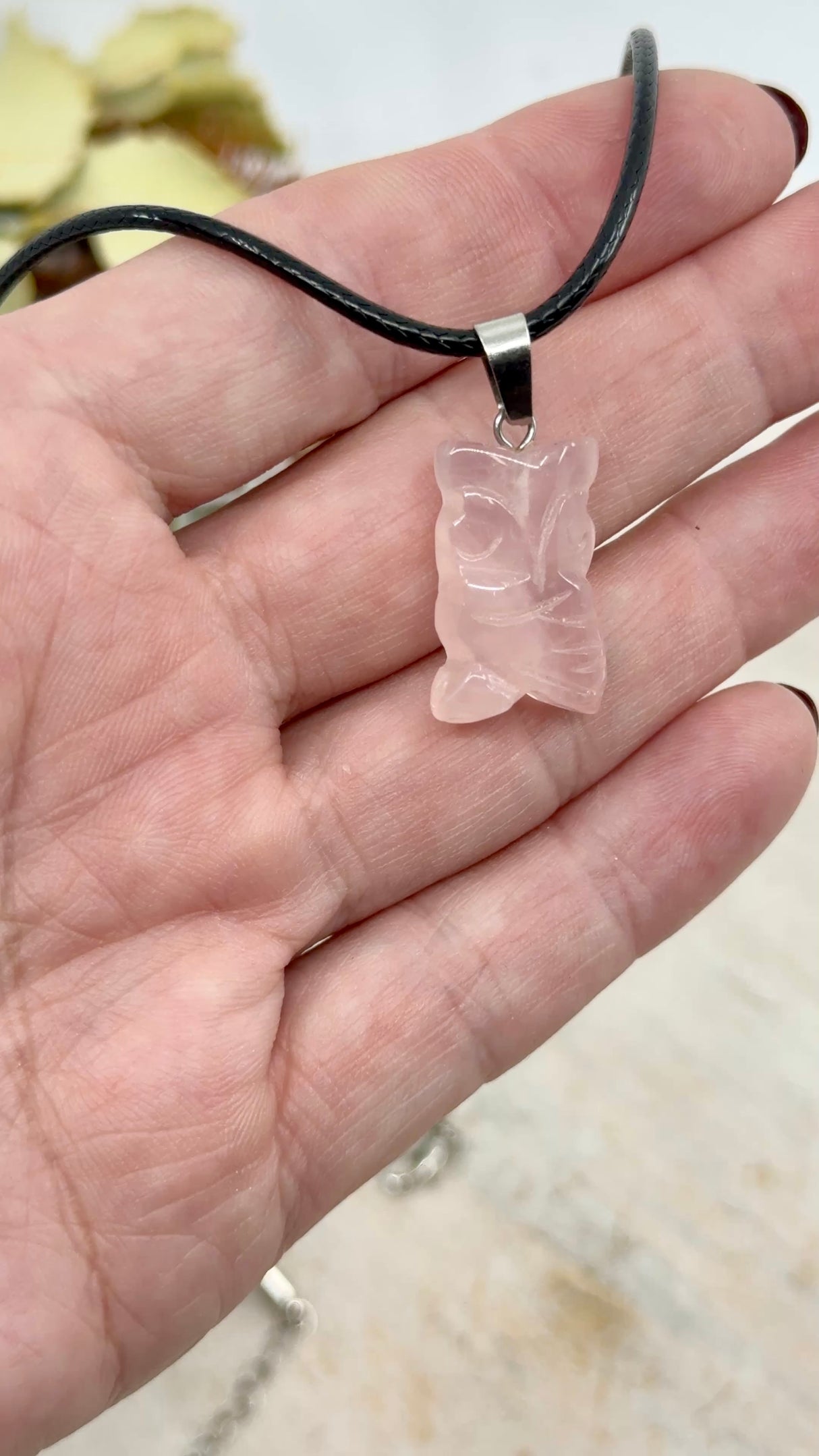 Rose Quartz owl pendant 24x14x7mm stainless steel finding – pink healing crystal for love, wisdom and emotional healing – Inspired By 3 Crystals Australia.
