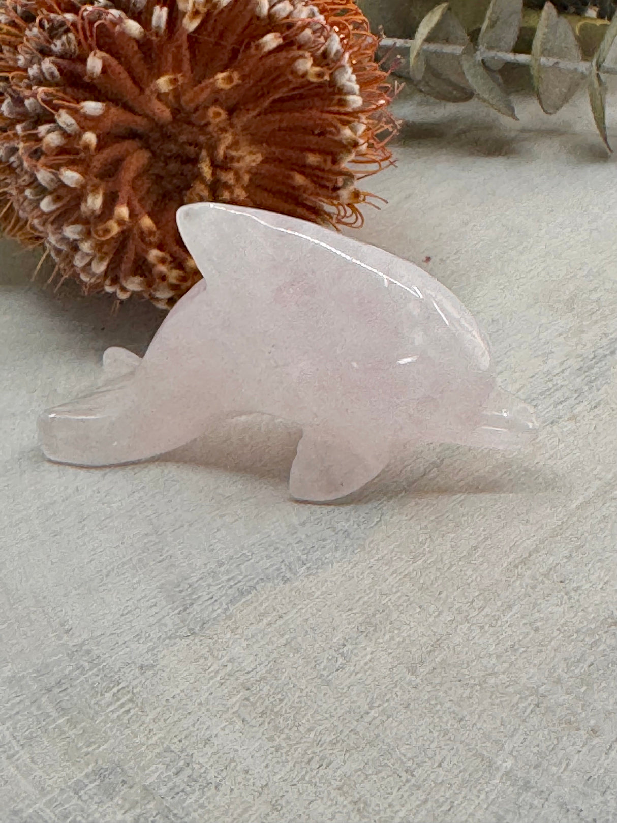 Rose Quartz Dolphin Carving 7 cm × 4 cm – soft pink crystal dolphin symbolising love, compassion and emotional healing, Inspired By 3 Australia.
