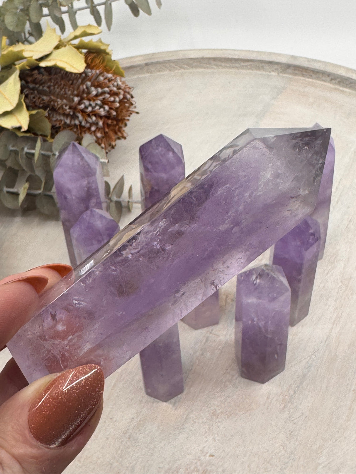 Amethyst 6-Sided Points 8–9 cm × 2–3 cm – deep purple crystal towers symbolising peace, intuition and spiritual protection, intuitively selected by Inspired By 3 Australia.