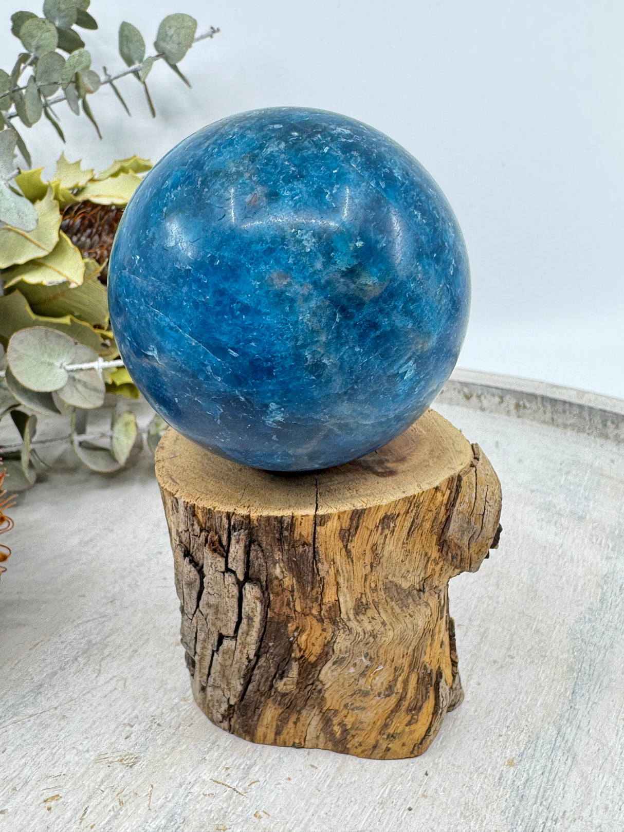Blue Apatite sphere 318g 6cm – vibrant blue crystal for clarity, communication and motivation – Inspired By 3 Crystals Australia.