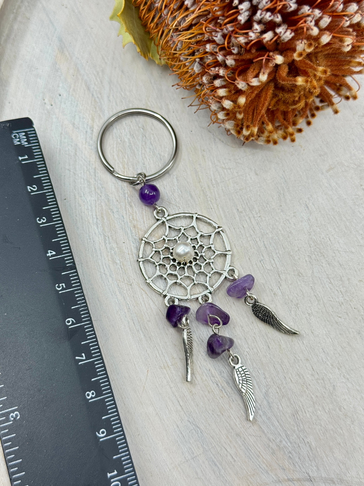 Amethyst Dreamcatcher & Freshwater Pearl Keychain – Symbol of Protection, Peace & Intuition