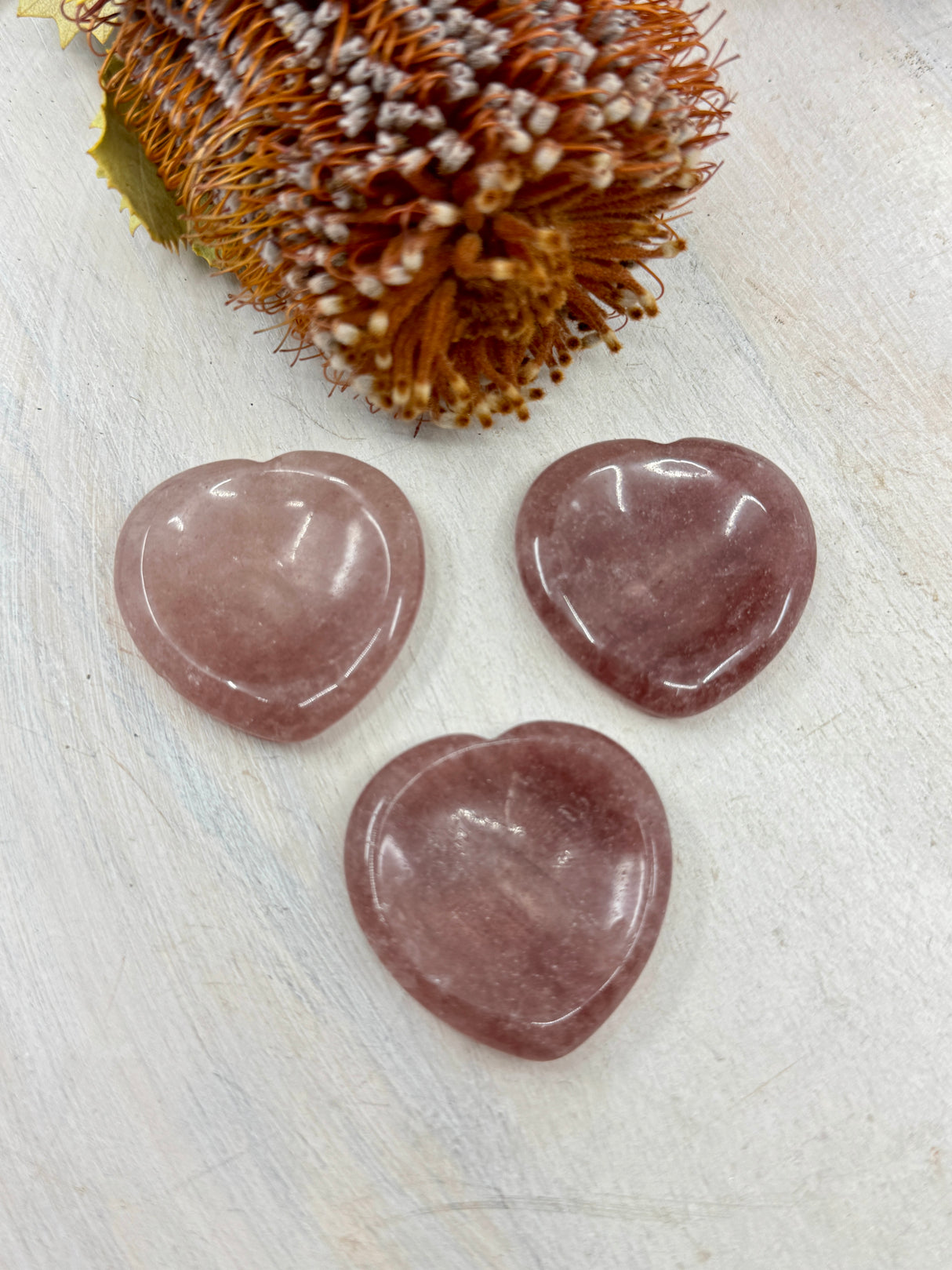 Strawberry Quartz heart worry stone 4x4cm with thumb indent – one piece – pink crystal for love, joy and emotional harmony – Inspired By 3 Crystals Australia.
