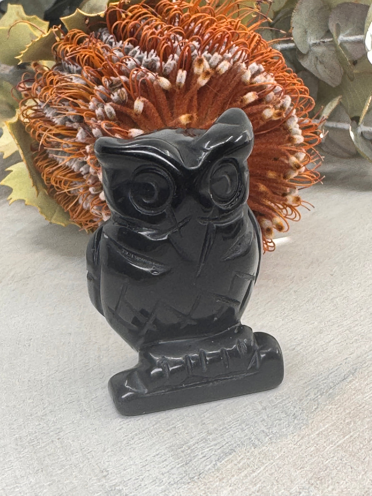 Black Obsidian Owl Carving 5 cm × 3.5 cm – glossy black crystal owl symbolising protection, grounding and truth, Inspired By 3 Australia.