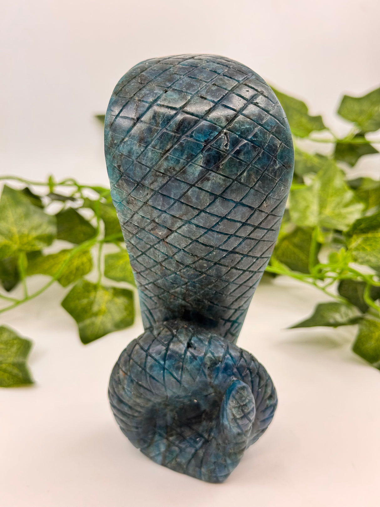 Blue Apatite Snake Carving - "I work relentlessly each day to achieve my goals."