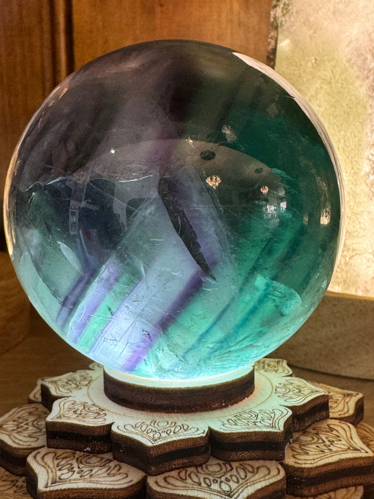 Snowflake Fluorite Sphere #4 323g - Concentration. Organised.