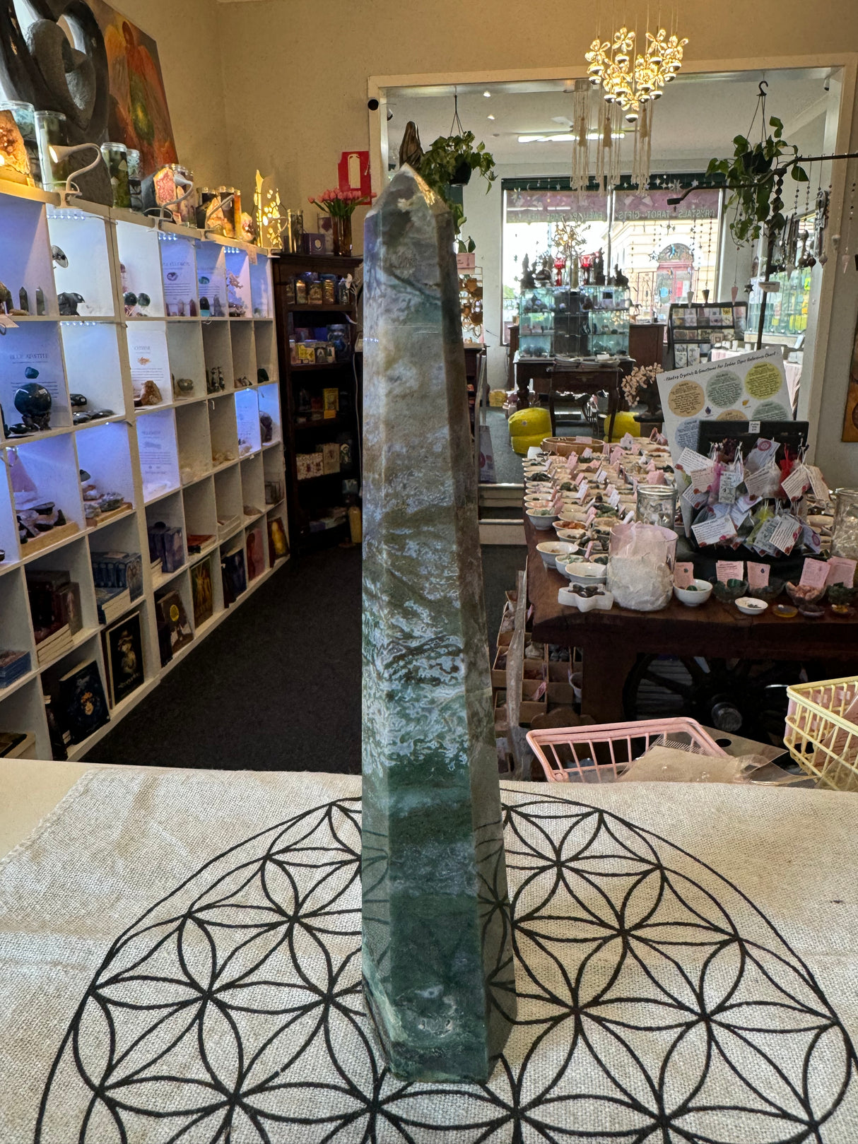 Agate Moss Tower 22cm 344g -“ I draw upon the energy of Mother Earth to heal”.