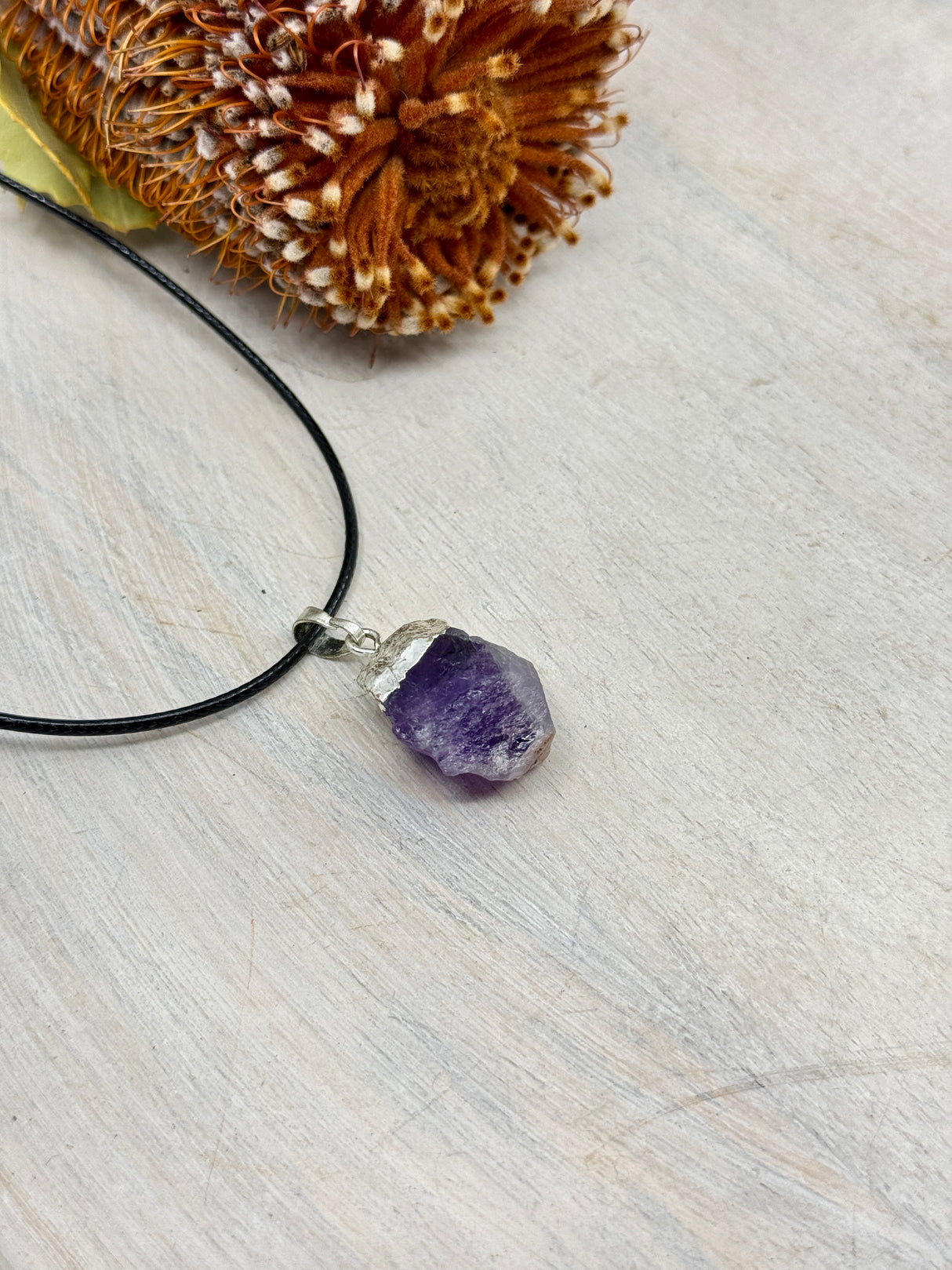 Amethyst nugget necklace 3–3.5cm on black wax cord – natural purple crystal pendant for calm, intuition and spiritual balance – Inspired By 3 Crystals Australia.