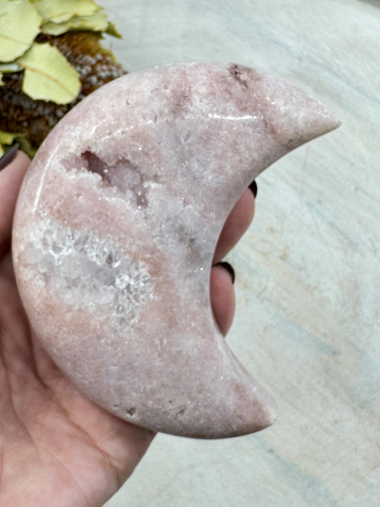 Pink Amethyst moon carving 369g 10cm – soft pink crystal symbol of peace, love and emotional healing – Inspired By 3 Crystals Australia.