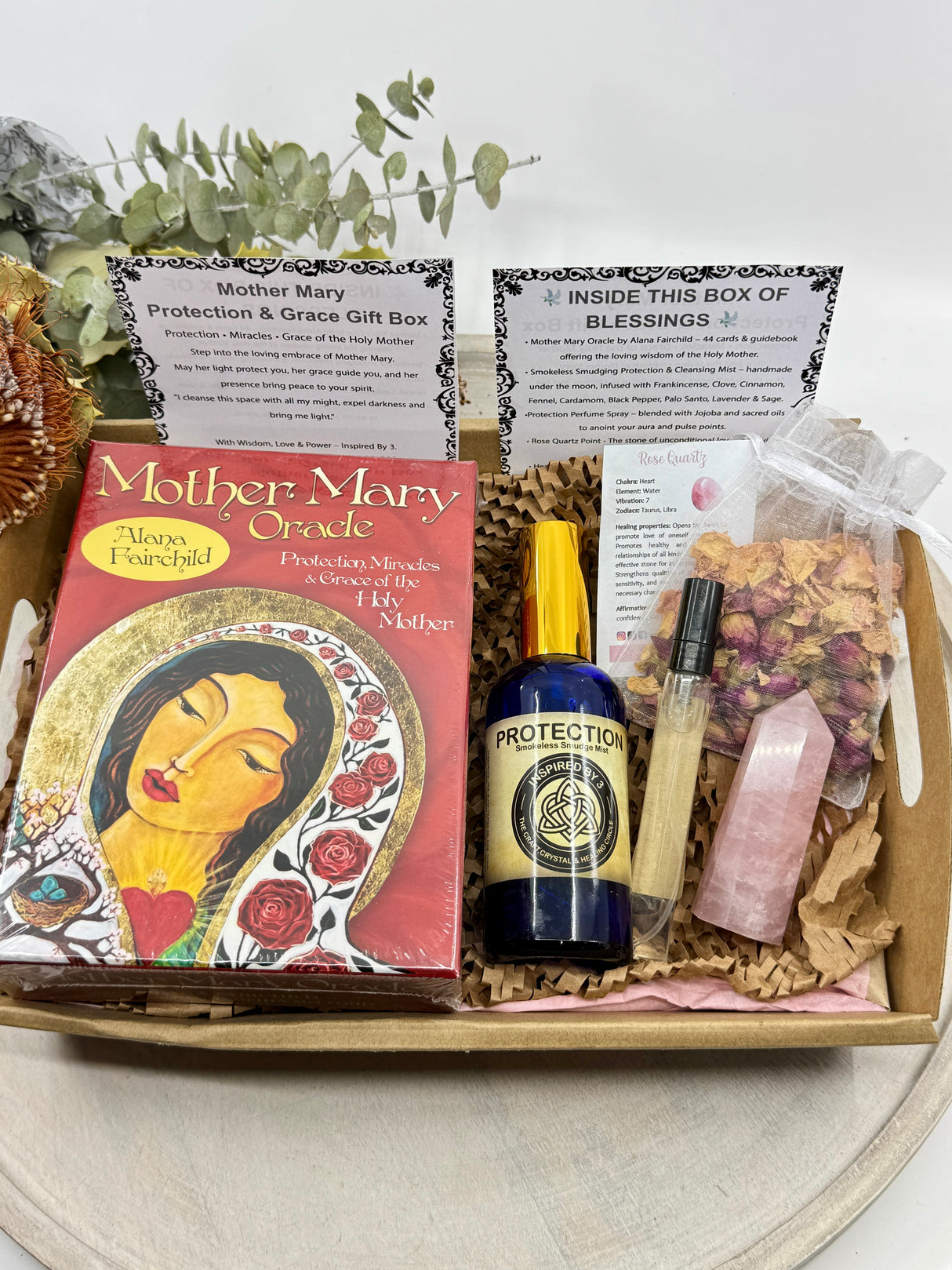 Mother Mary Protection & Grace Gift Box – Oracle, Rose Quartz Point & Smokeless Smudge Set