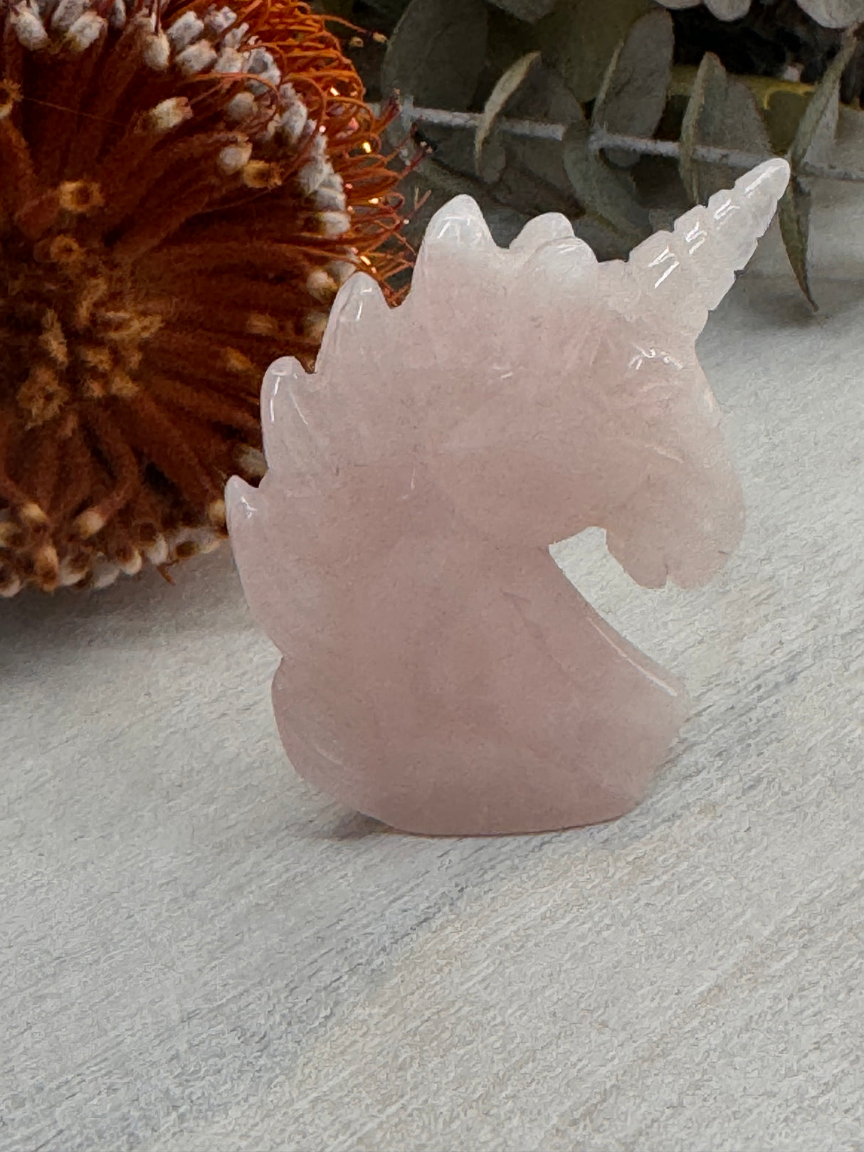 Rose Quartz Unicorn Carving 6 cm × 4.5 cm – soft pink crystal unicorn symbolising love, purity and emotional healing, Inspired By 3 Australia.