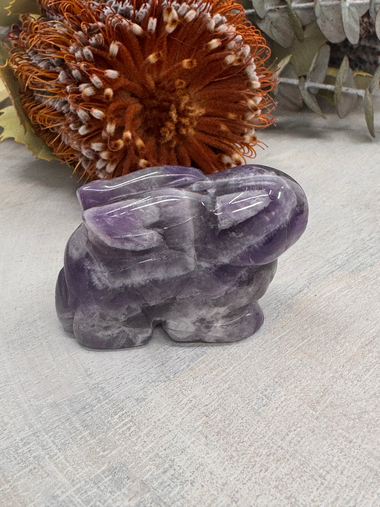 Chevron Amethyst Rabbit Carving 5 cm × 3.5 cm – purple and white banded crystal rabbit symbolising peace, intuition and spiritual renewal, Inspired By 3 Australia.