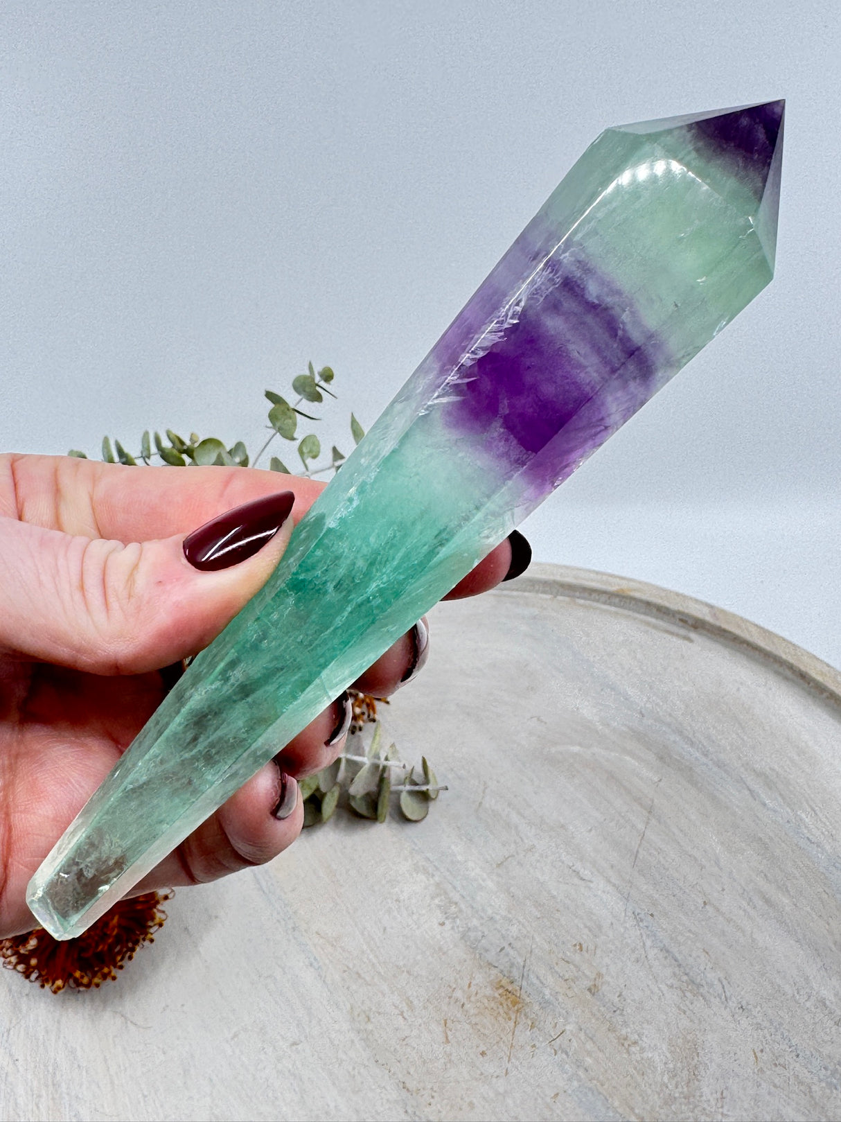 Rainbow Fluorite wand 180g 16x3cm – banded green and violet crystal for clarity, focus and alignment – Inspired By 3 Crystals Australia.
