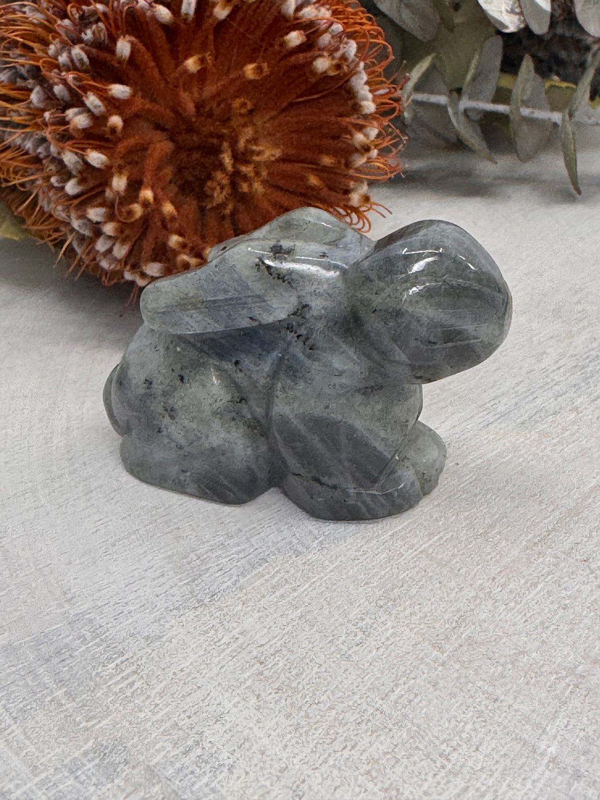 Labradorite Rabbit Carving 5 cm × 3.5 cm – iridescent blue-green crystal rabbit symbolising magic, transformation and protection, Inspired By 3 Australia.
