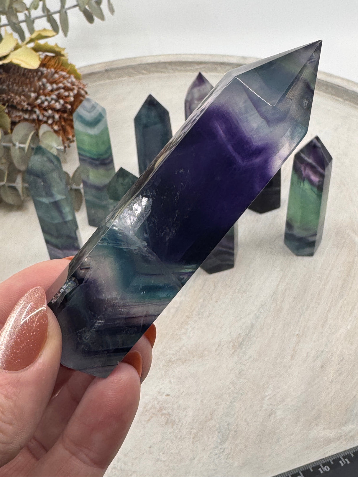 Rainbow Fluorite 6-Sided Point Collection – 7–8 cm × 2.5 cm (Intuitively Selected)