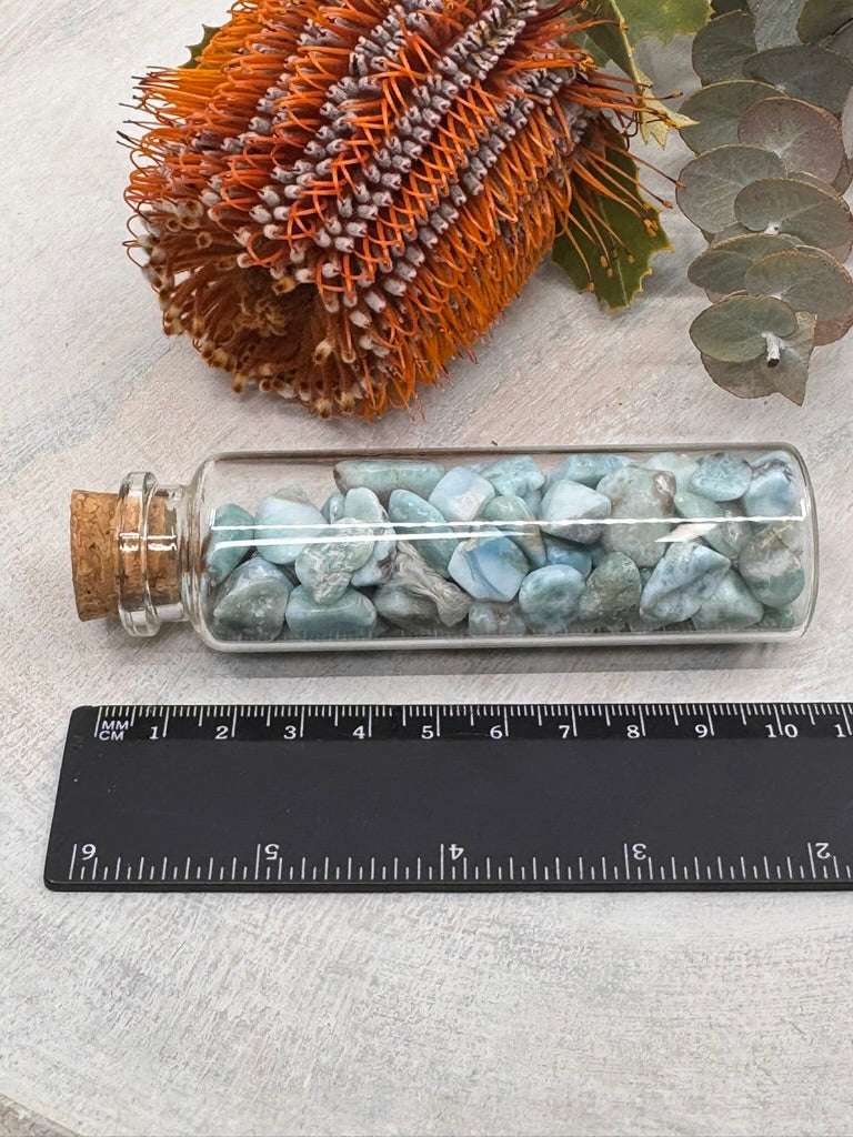 Larimar Crystal Chips in Glass Bottle – Stone of Serenity, Communication & Divine Feminine Energy