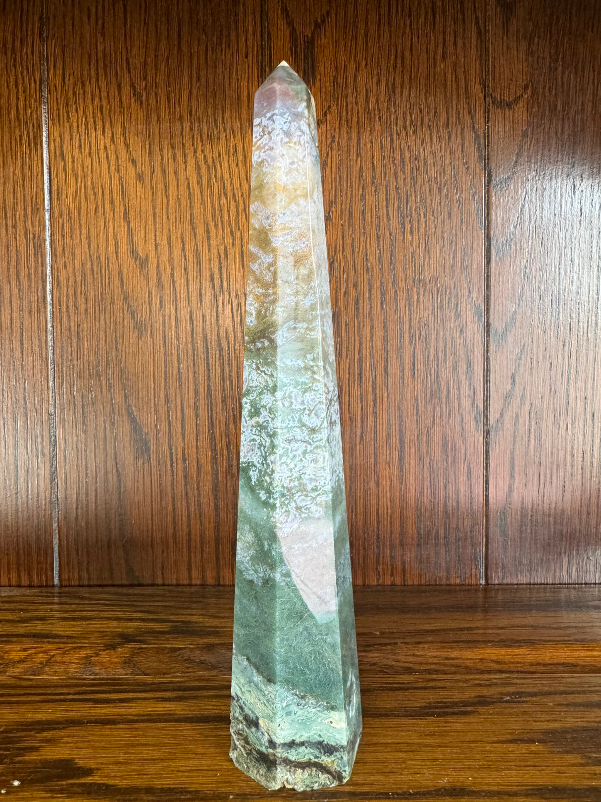 Agate Moss Tower 22cm 344g -“ I draw upon the energy of Mother Earth to heal”.
