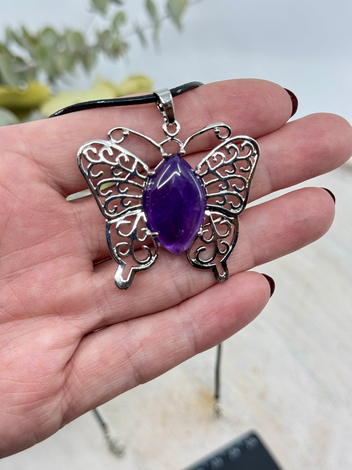 Amethyst butterfly pendant platinum tone brass 43x45x7mm – healing crystal for calm, transformation and spiritual growth – Inspired By 3
