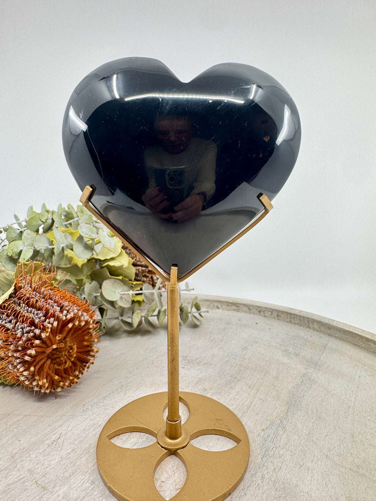 Black Obsidian heart on gold stand 574g 12x10cm – glossy black heart crystal for grounding, strength and protection – Inspired By 3 Crystals Australia.
