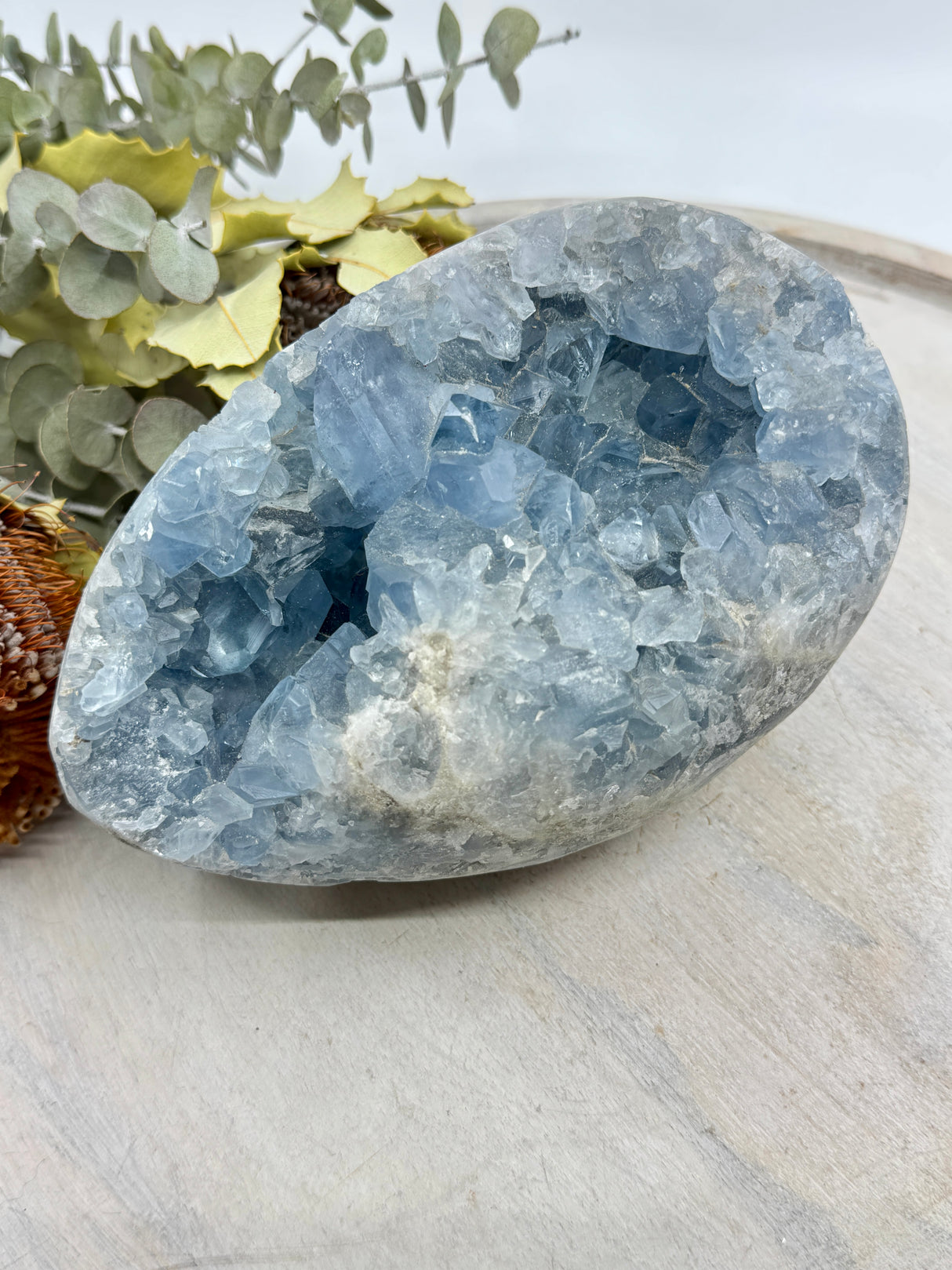 Celestite egg 3.6kg 18.5cm – soft blue crystal symbol of angelic peace, calm and divine communication – Inspired By 3 Crystals Australia.