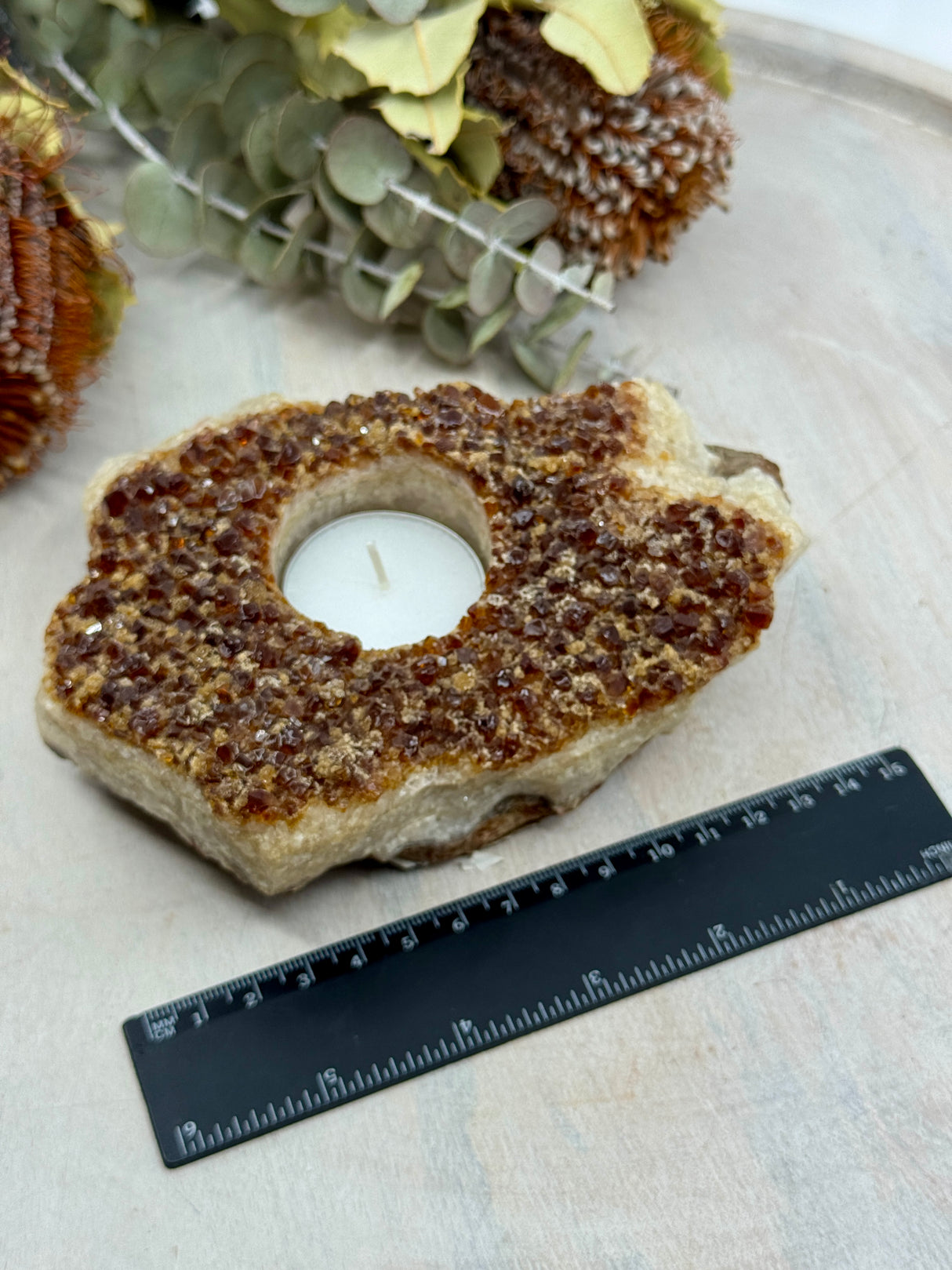 Citrine tea light candle holder 992g 15cm – golden yellow crystal for joy, abundance and positivity – Inspired By 3 Crystals Australia. with ruler showin measurements