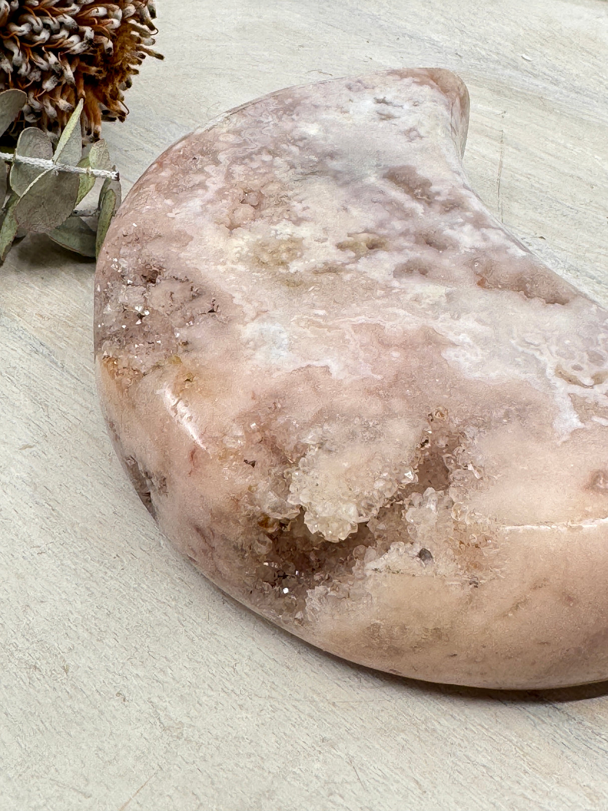 Pink Amethyst Moon Carving 1.102kg (20.5cm with stand) – Stone of Peace, Love & Divine Feminine Energy