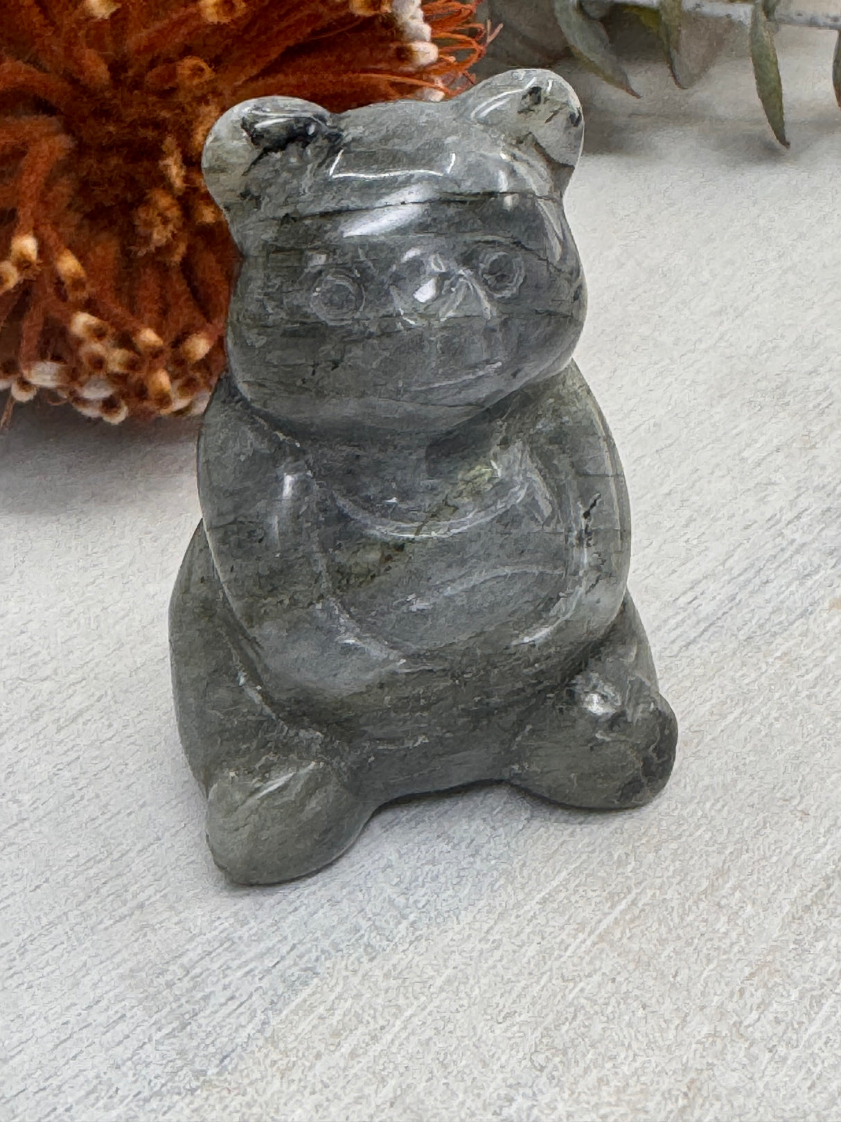 Labradorite Teddy Bear Carving 5 cm × 3 cm – iridescent blue-green crystal bear symbolising magic, transformation and protection, Inspired By 3 Australia.