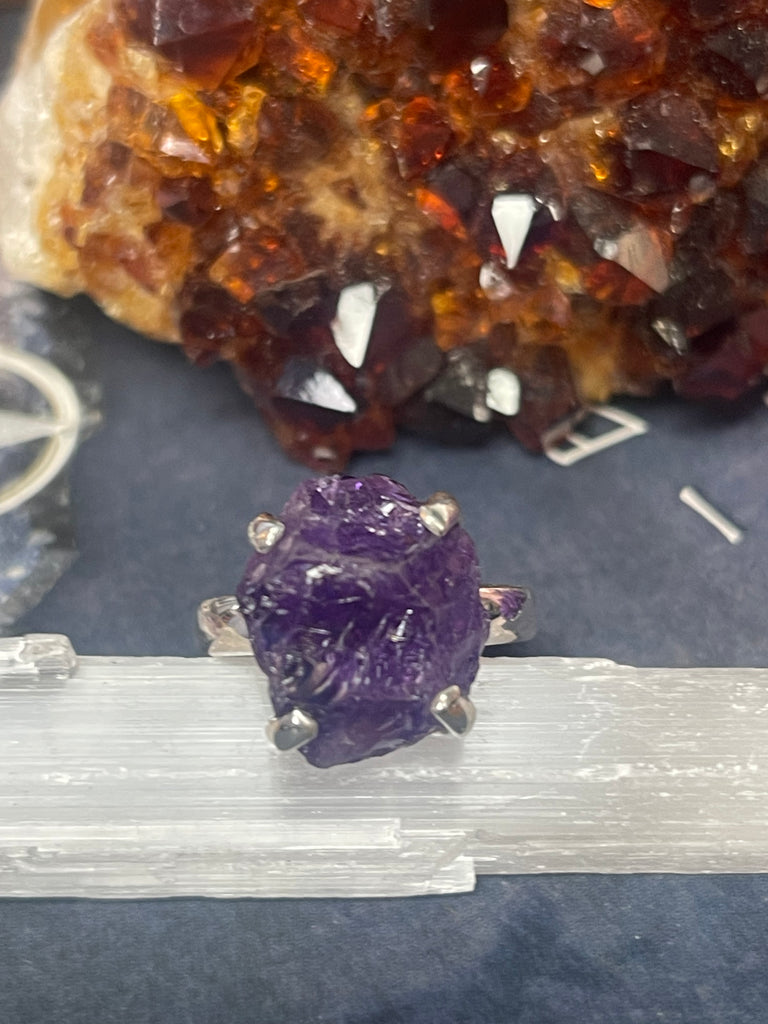 Amethyst Unpolished Silver Ring Size 10 #1 - “I trust my intuition and allow it to guide me each day”