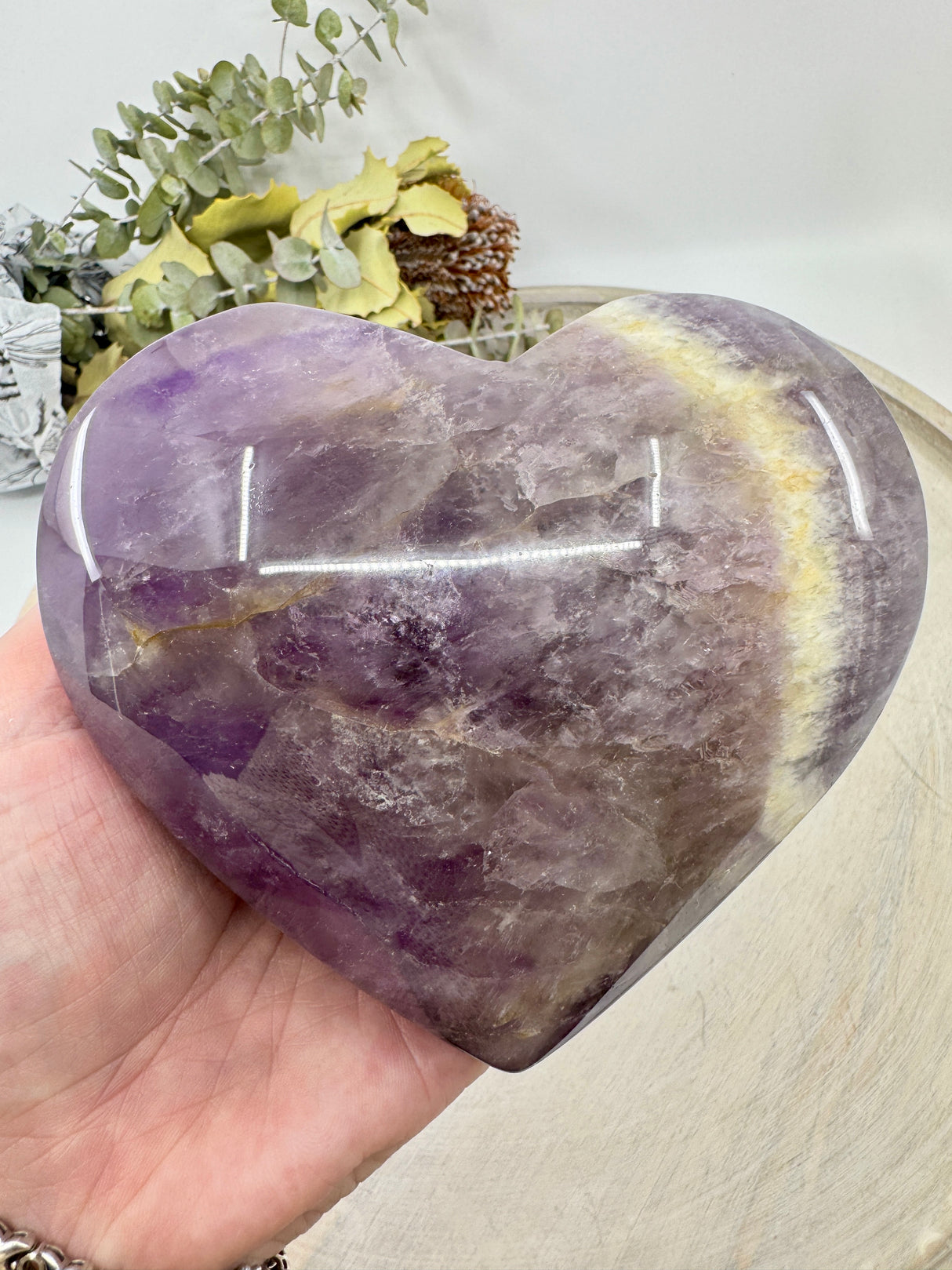Chevron Amethyst Heart on Gold Stand 892g (13x11cm) – Stone of Harmony, Intuition & Divine Protection