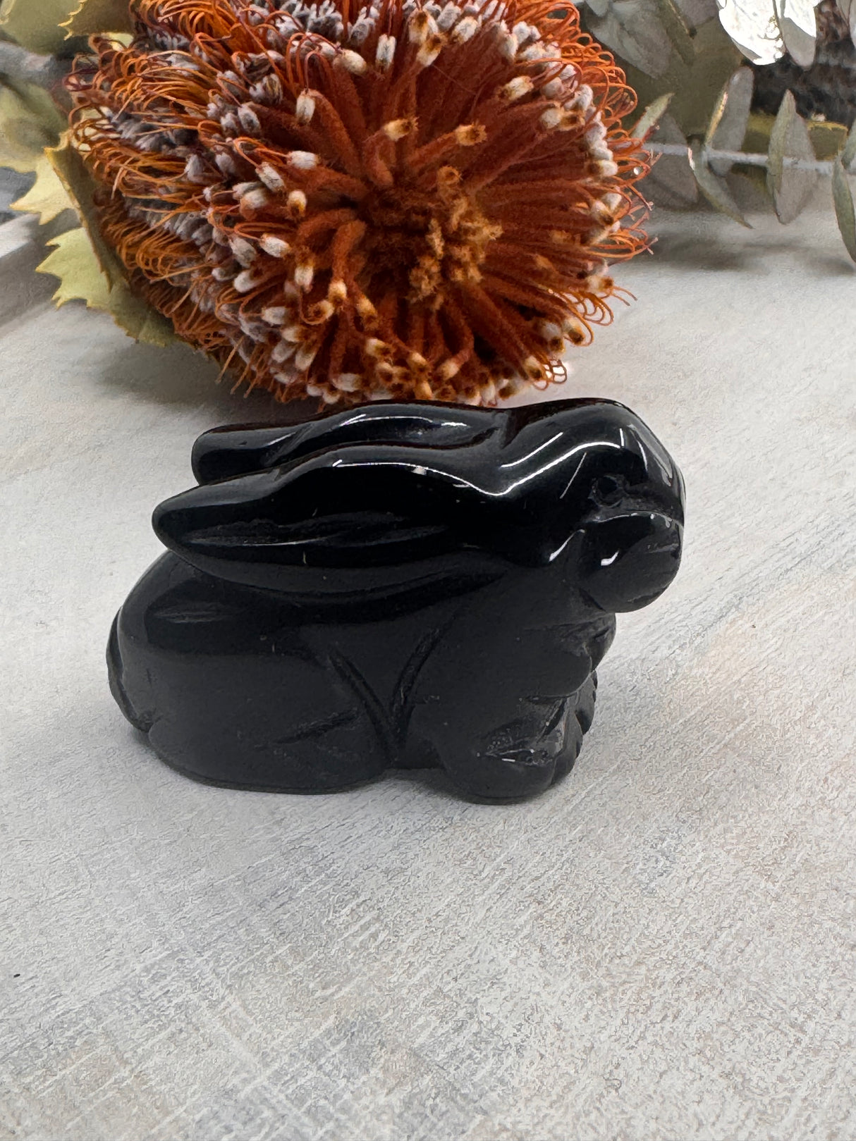 Black Obsidian Rabbit Carving 5 cm × 3.5 cm – glossy black crystal rabbit symbolising protection, grounding and renewal, Inspired By 3 Australia.