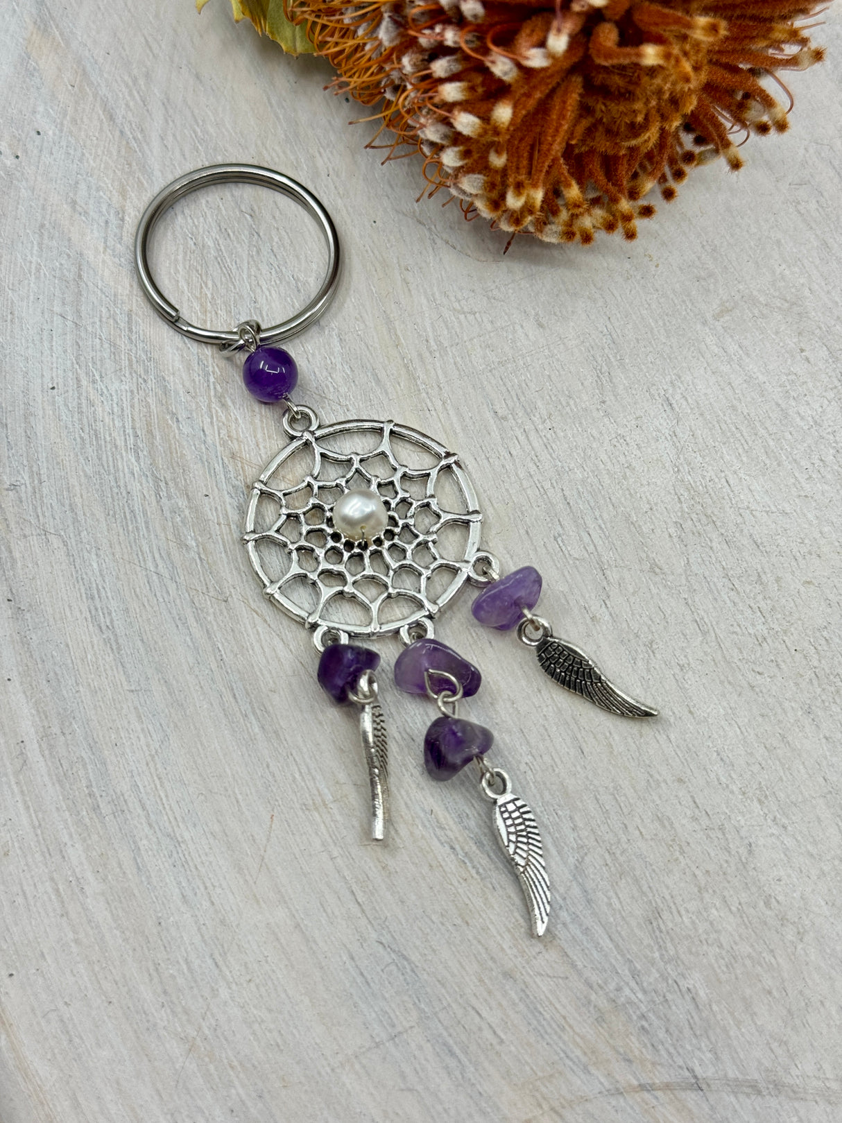 Amethyst dreamcatcher and freshwater pearl keychain 110mm – alloy design with stainless steel ring for protection, peace and intuition – Inspired By 3 Crystals Australia.