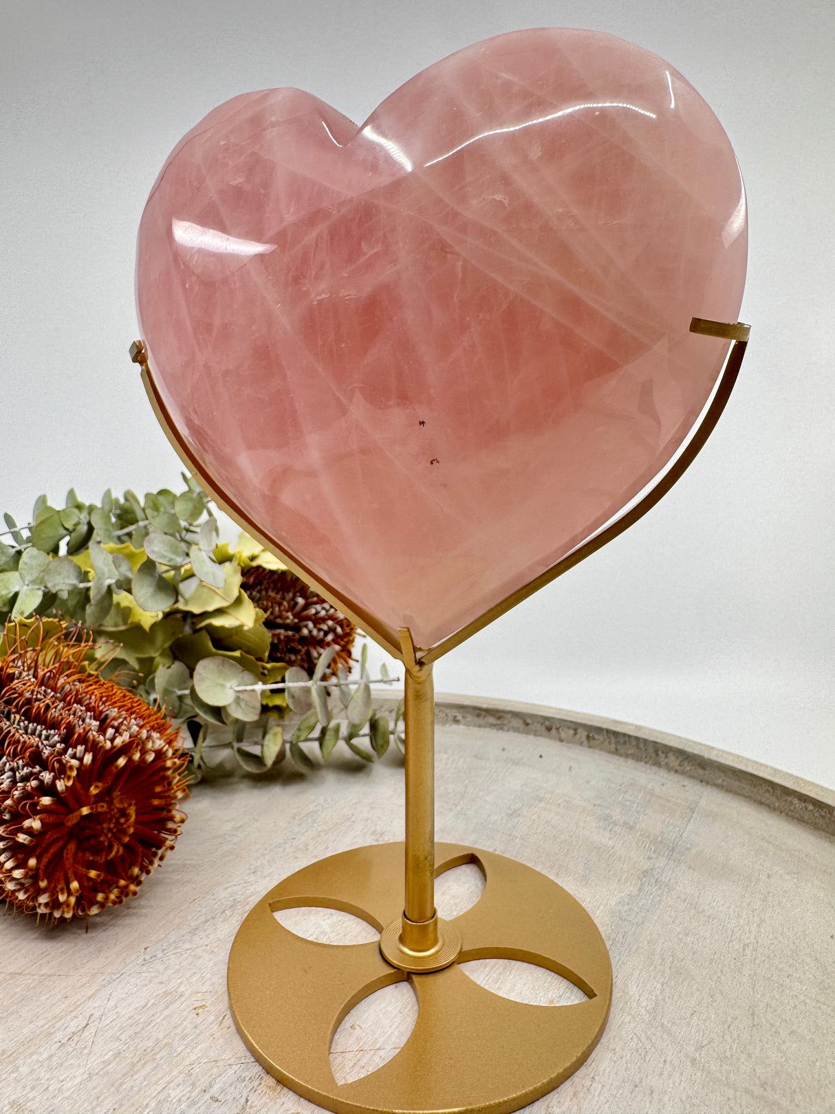 Large Rose Quartz Heart on Gold Stand 1.6kg (16x14cm) – Stone of Love, Peace & Emotional Healing