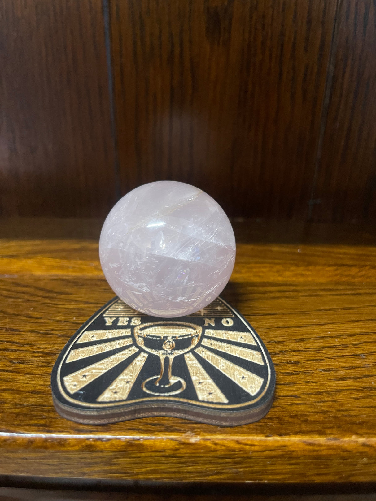 Rose Quartz Sphere on Planchette Stand - “I radiate love, beauty, confidence and grace”.