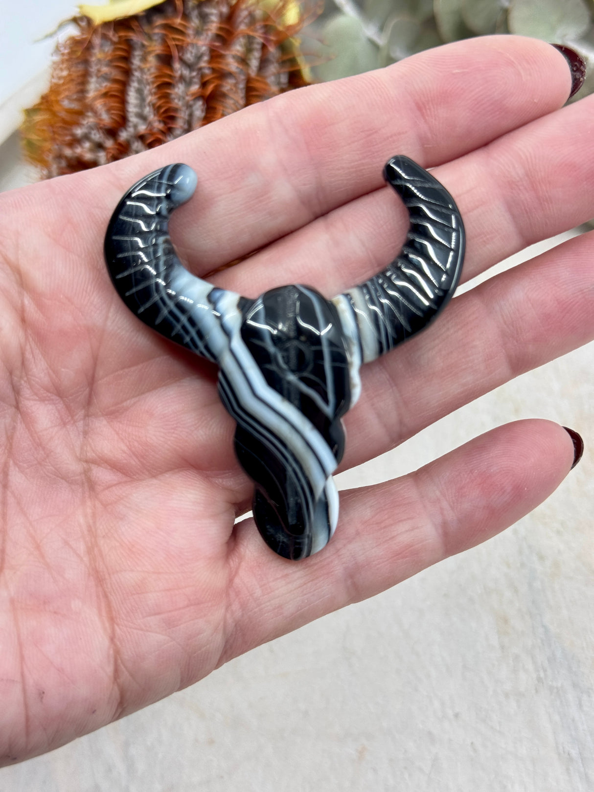Black Banded Agate Ox Carving – Stone of Strength, Protection & Grounded Power