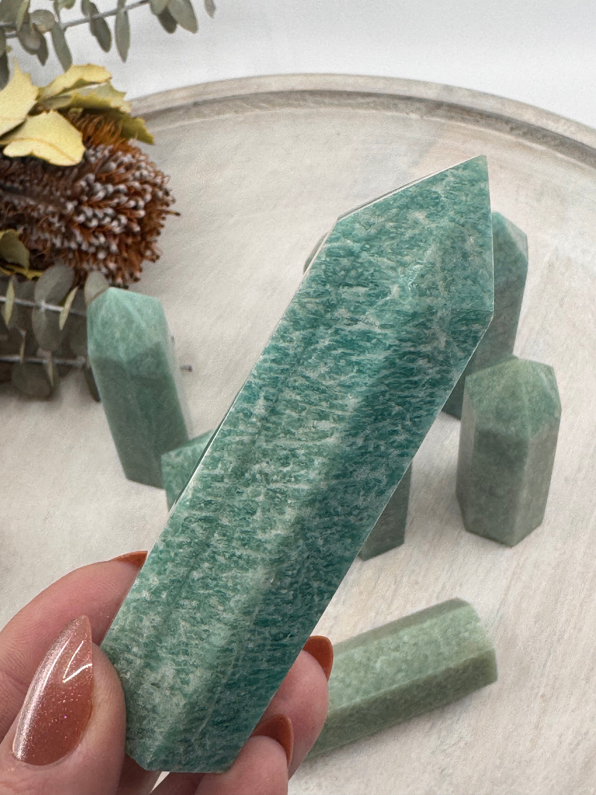 Amazonite 6-Sided Points 8–9 cm × 2.5–3 cm – aqua-green crystal towers symbolising calm, truth and emotional balance, intuitively selected by Inspired By 3 Australia.