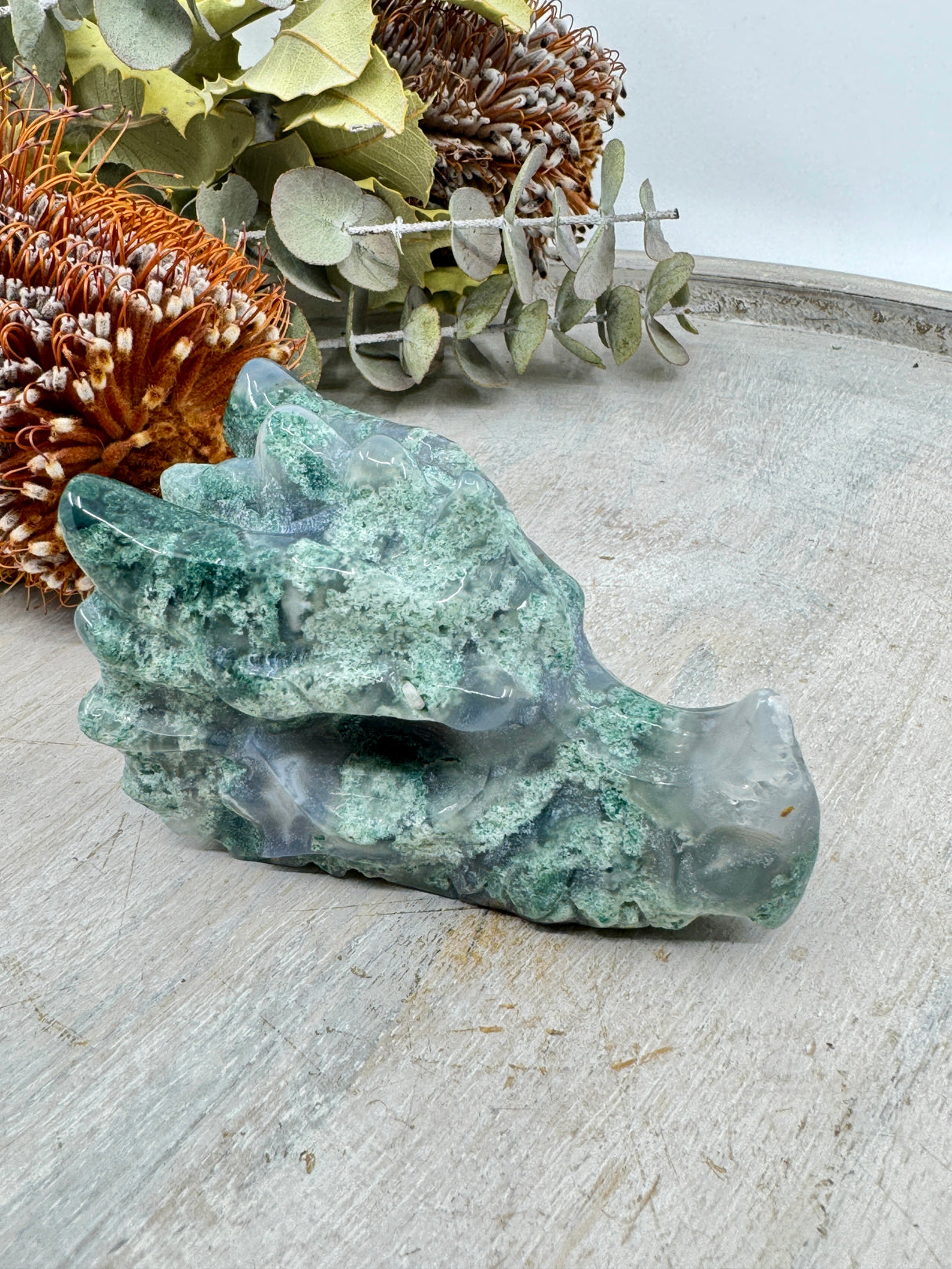Moss Agate Dragon Head Carving 220g (8.5x5cm) – Stone of Protection, Growth & Ancient Wisdom