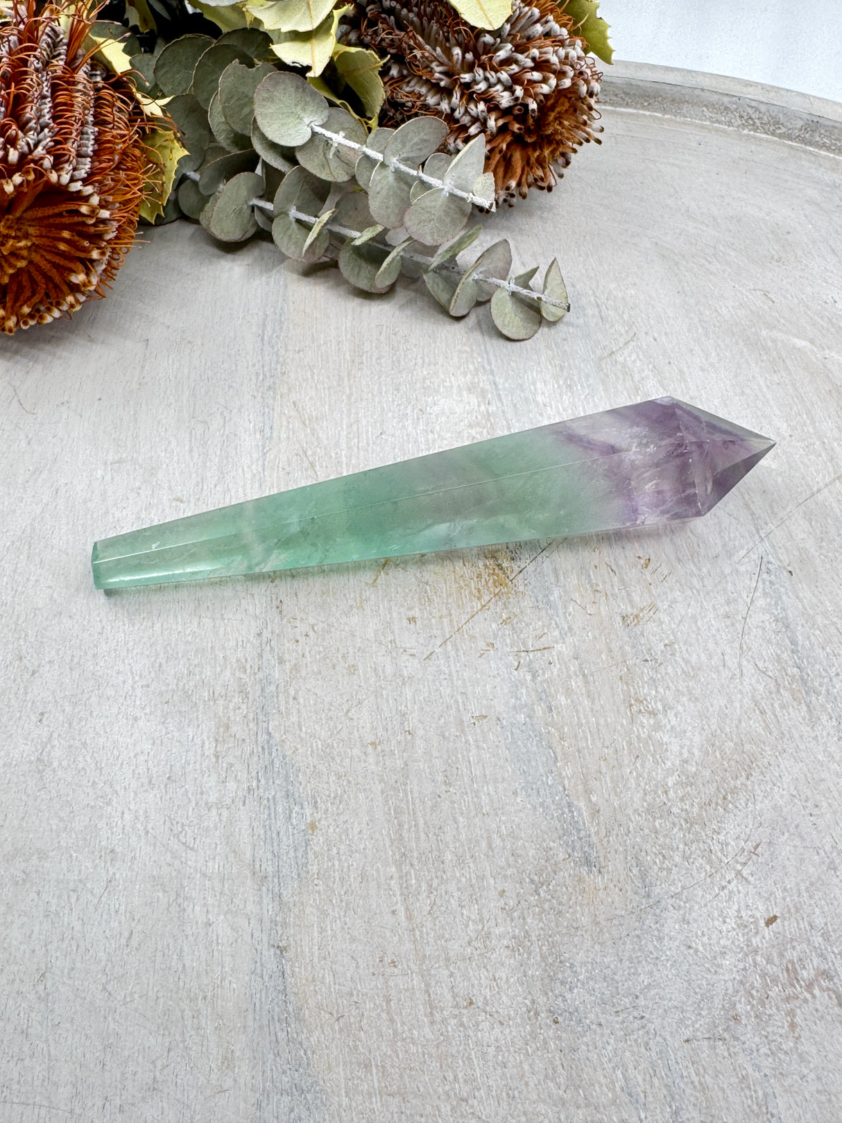 Rainbow Fluorite Wand #6 – 133g (14.5x2.9cm) – Stone of Mental Clarity, Calm & Energy Alignment