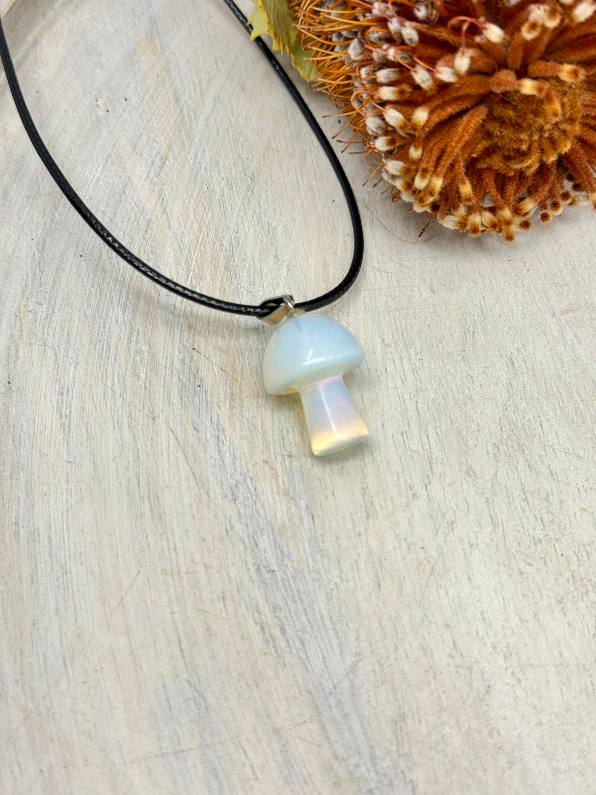 Opalite mushroom pendant 3x1.5x1.5cm – glowing crystal carving for hope, serenity and transformation – Inspired By 3 Crystals Australia.