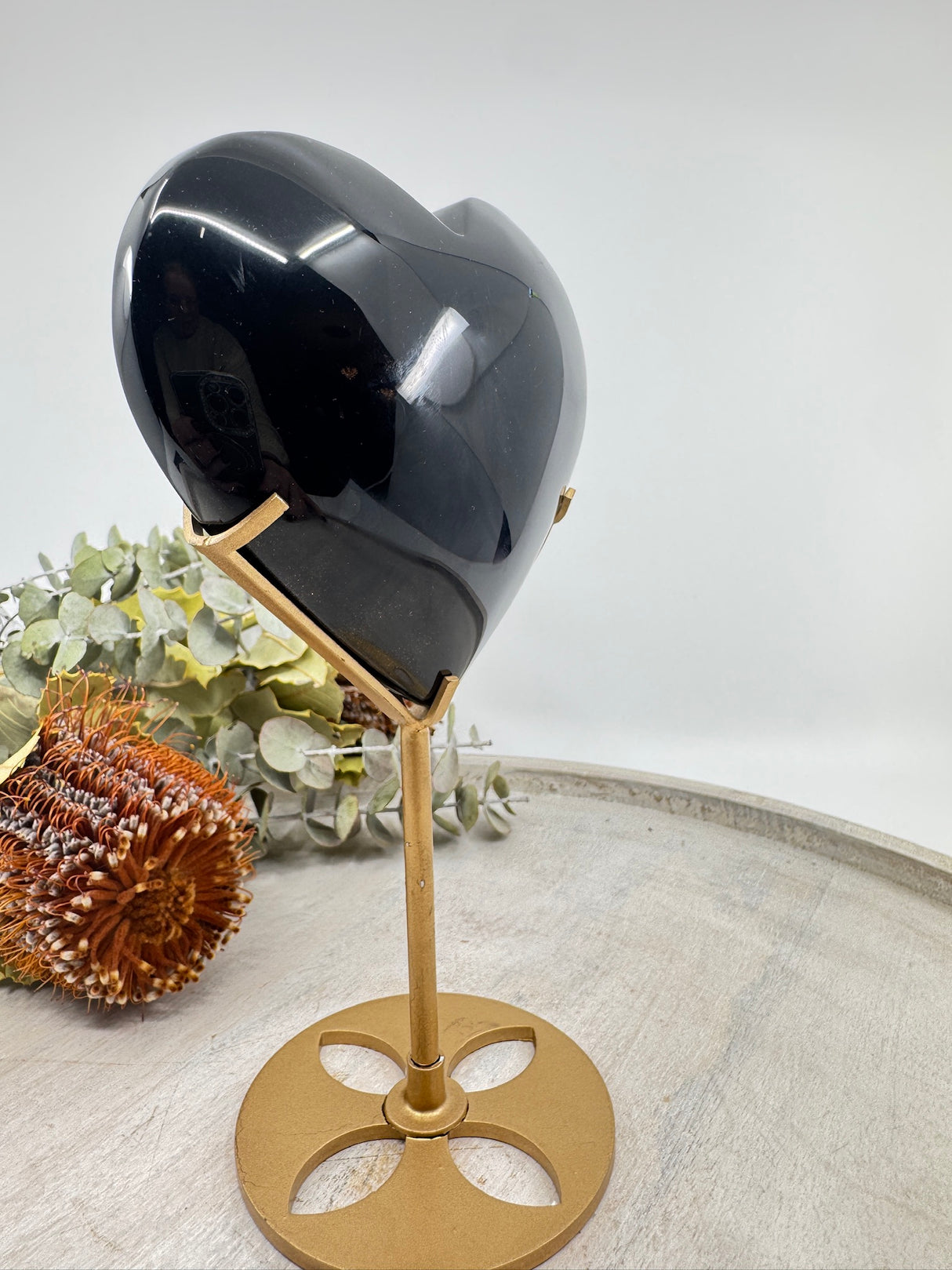Black Obsidian Heart on Gold Stand 574g (12x10cm) – Stone of Protection, Strength & Transformation