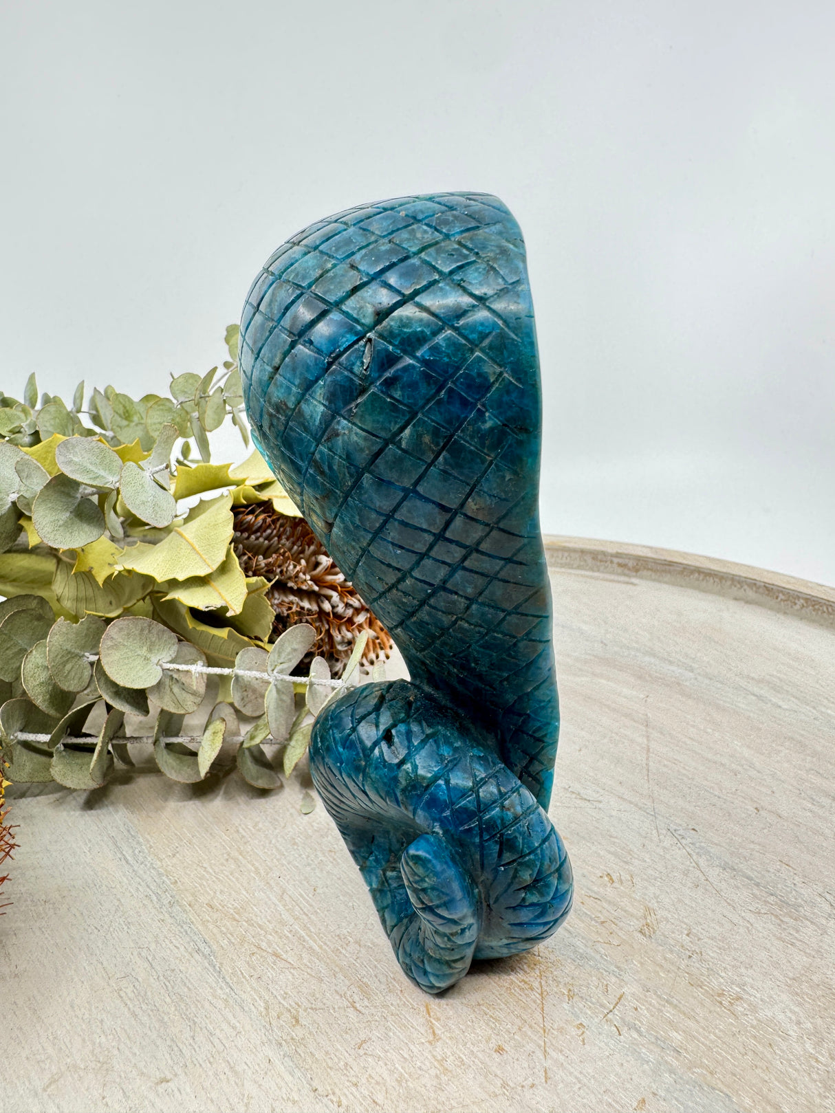 Blue Apatite Snake Carving 15cm – Stone of Wisdom, Transformation & Intuition