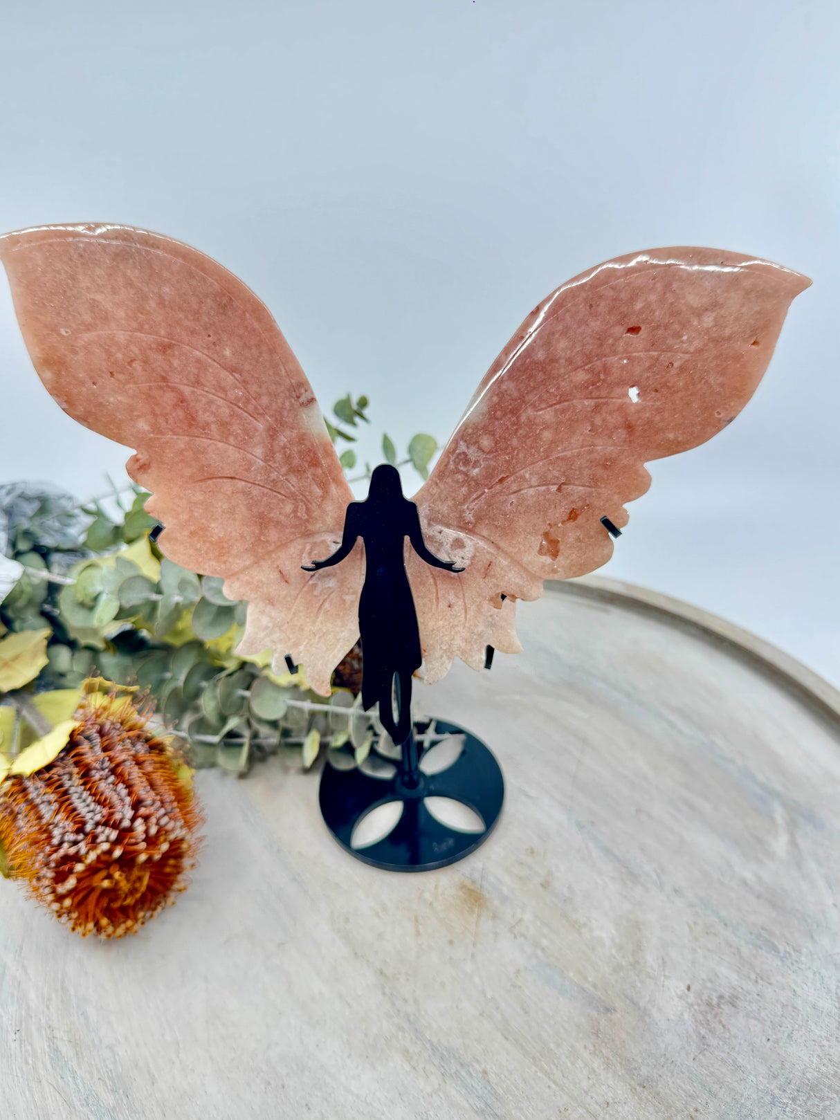 Pink Amethyst angel wings on black stand 524g – soft pink crystal for love, peace and divine protection – Inspired By 3 Crystals Australia.