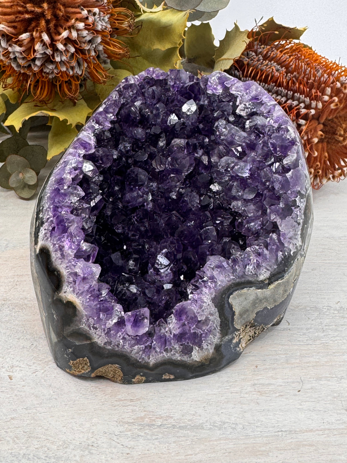 Amethyst cluster with druzy formations, protective crystal for meditation.