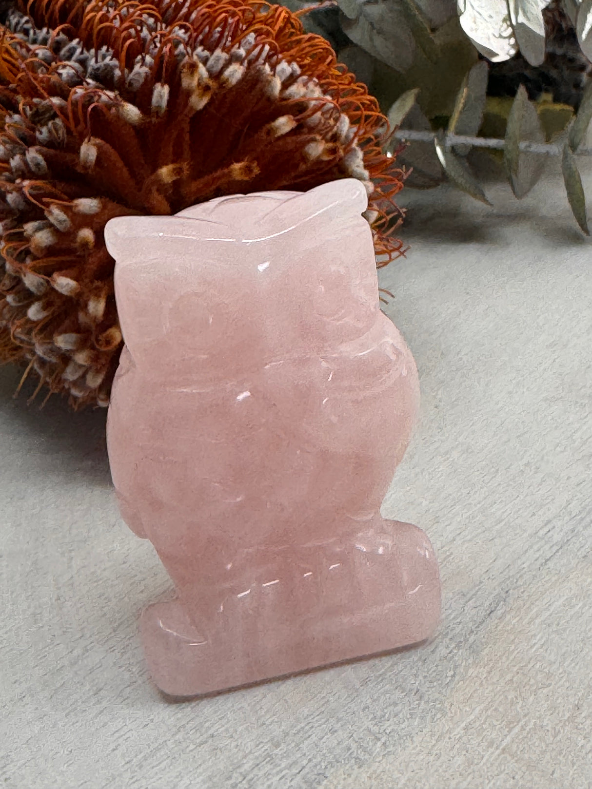 Rose Quartz Owl Carving 5 cm × 3.5 cm – soft pink crystal owl symbolising love, compassion and emotional healing, Inspired By 3 Australia.