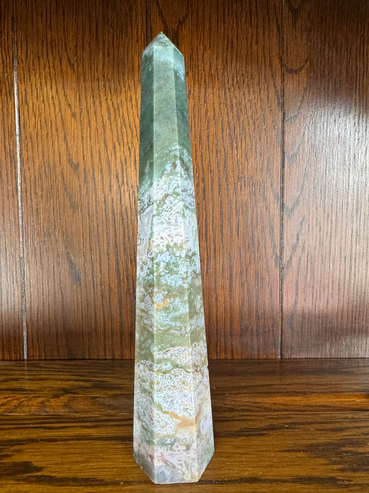 Agate Moss Tower 22cm 388g -“ I draw upon the energy of Mother Earth to heal”.